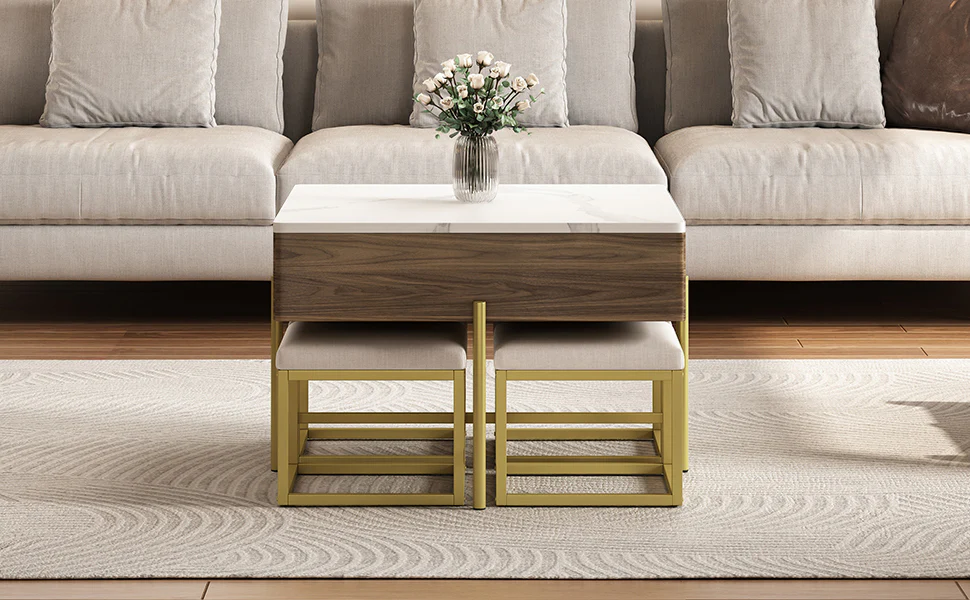 Walker Edison | Modern Square Lift-Top Coffee Table Set with 4 Ottomans