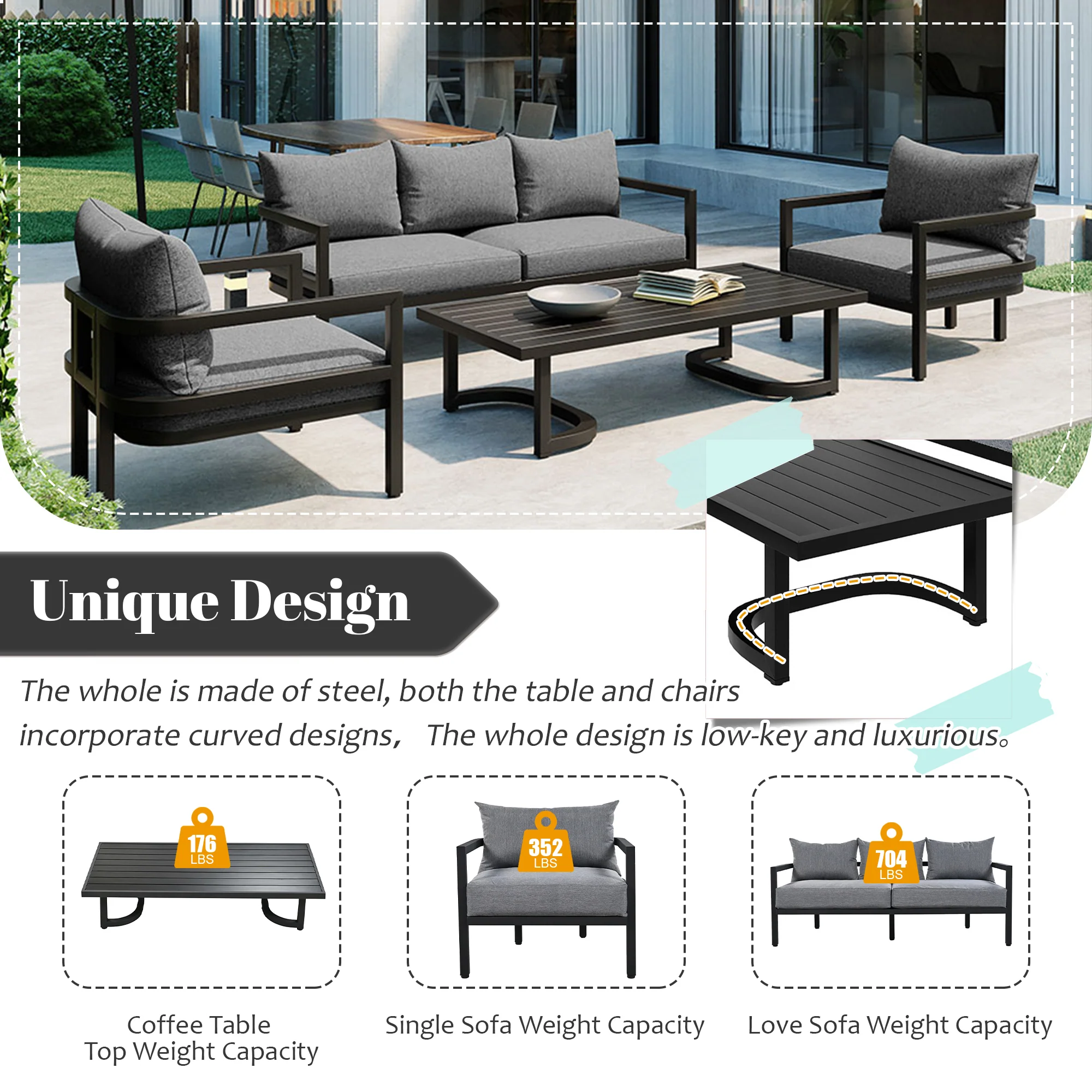 Walker Edison | Outdoor Patio Steel 4 Piece Sofa Set