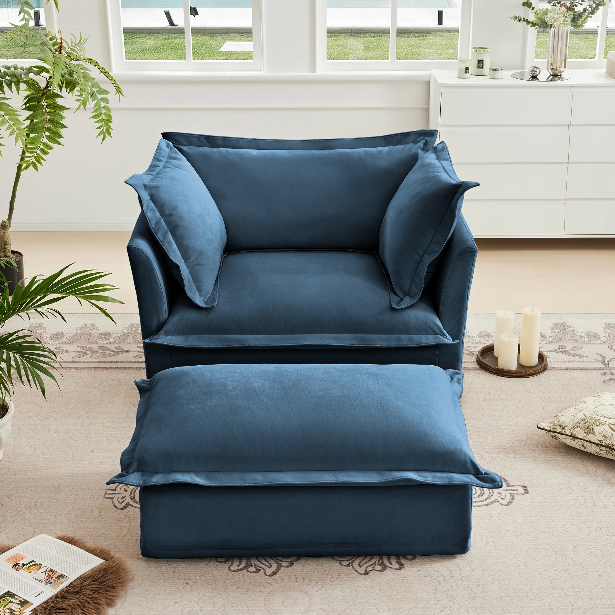 Walker Edison | Cloud Slipcovered Blue Armchair with Ottoman