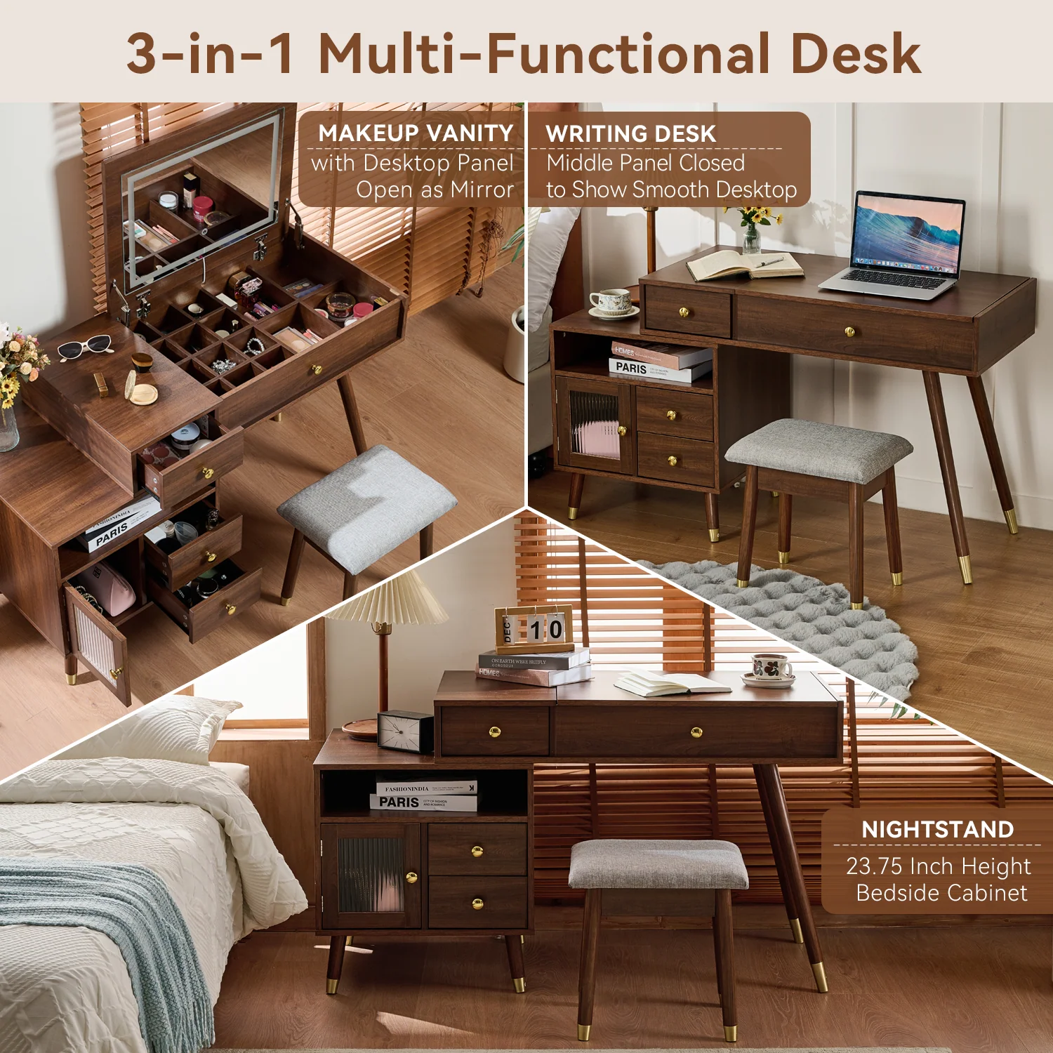 Walker Edison | 3-in-1 Makeup Vanity Desk with Lighted Flip-Top Mirror and Stool