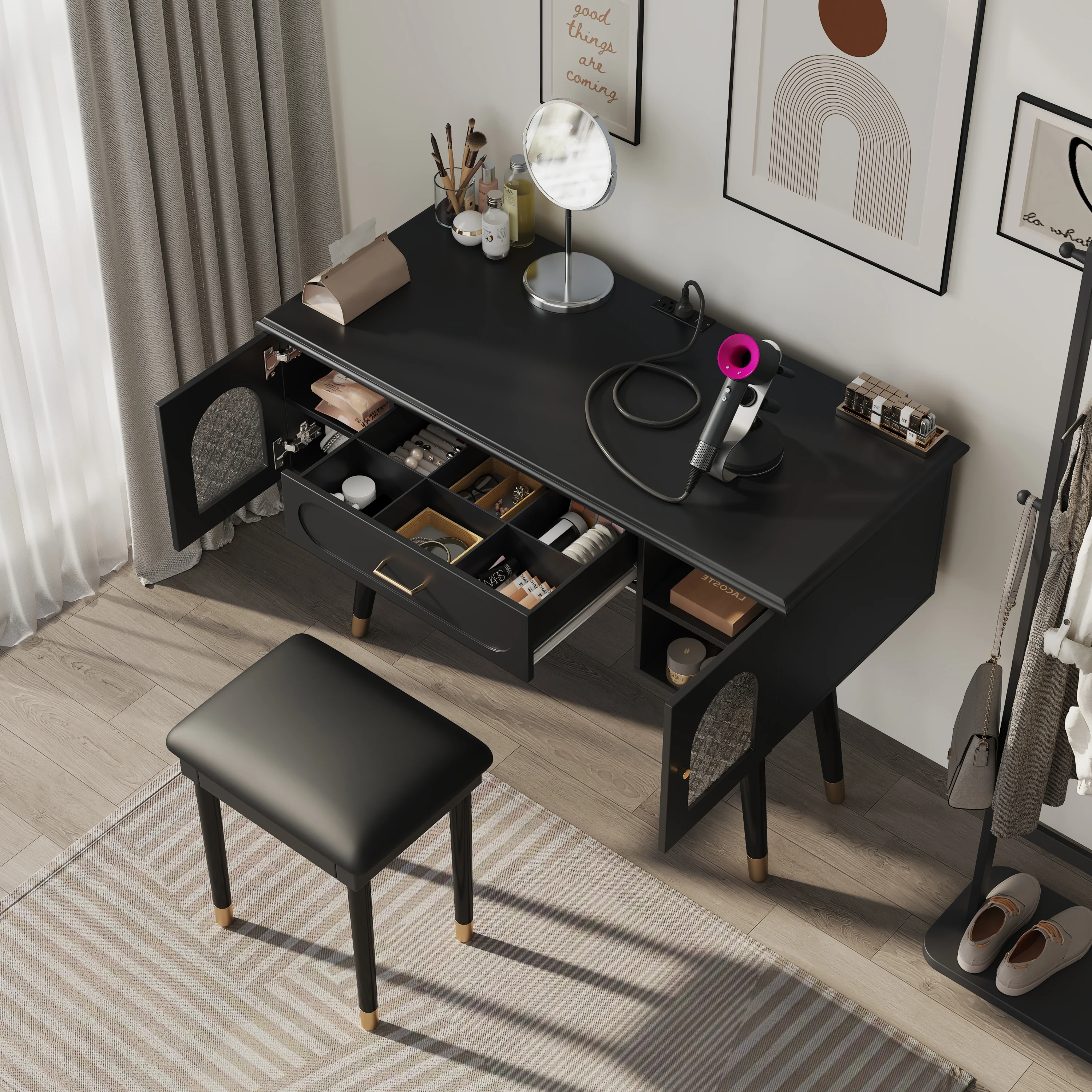 Walker Edison | Modern Vanity Makeup Table & Chair Set and Writing Desk