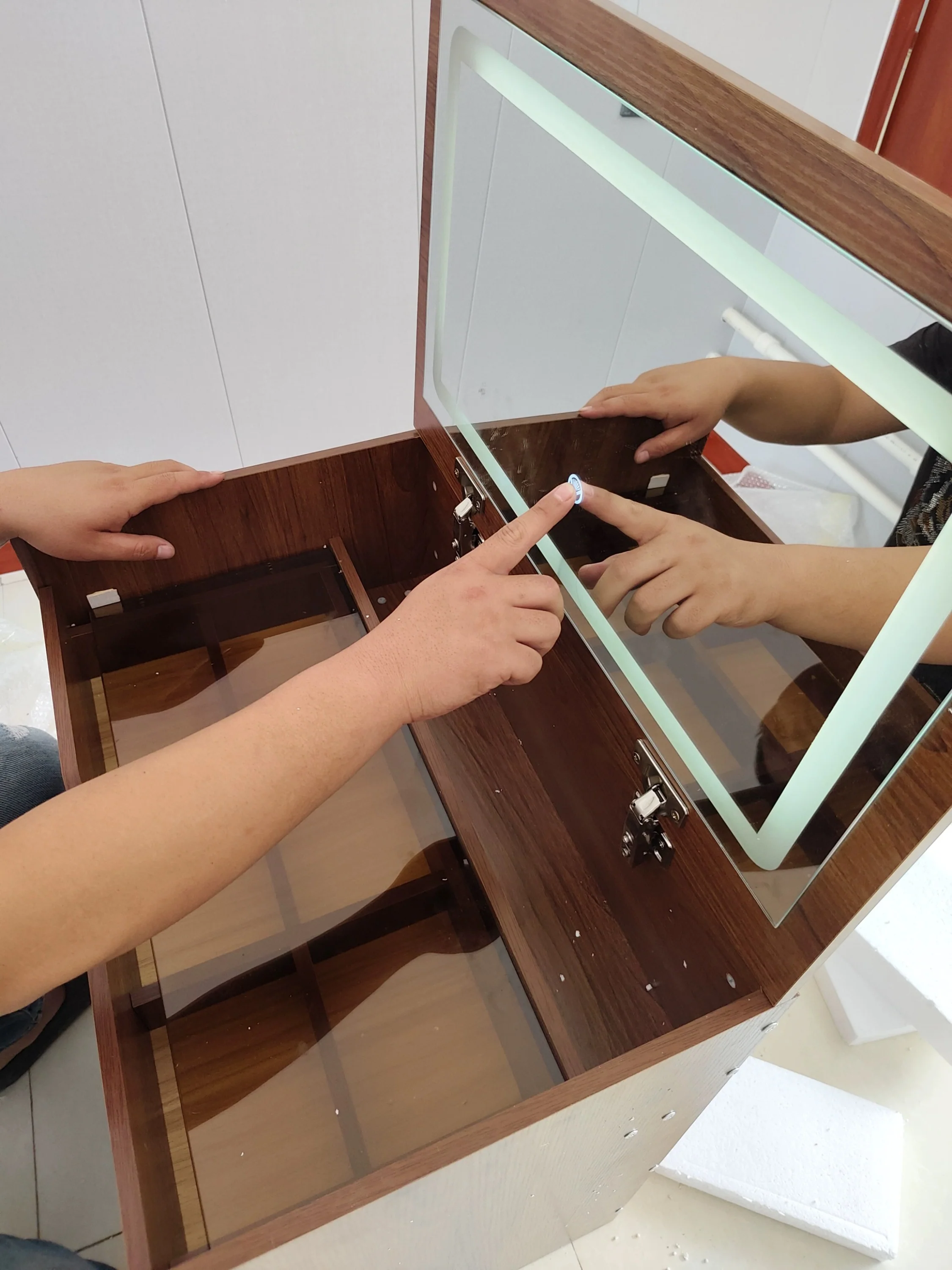 Walker Edison | Walnut 3 in 1 Vanity Desk with Flip Top Mirror & Cushioned Stool