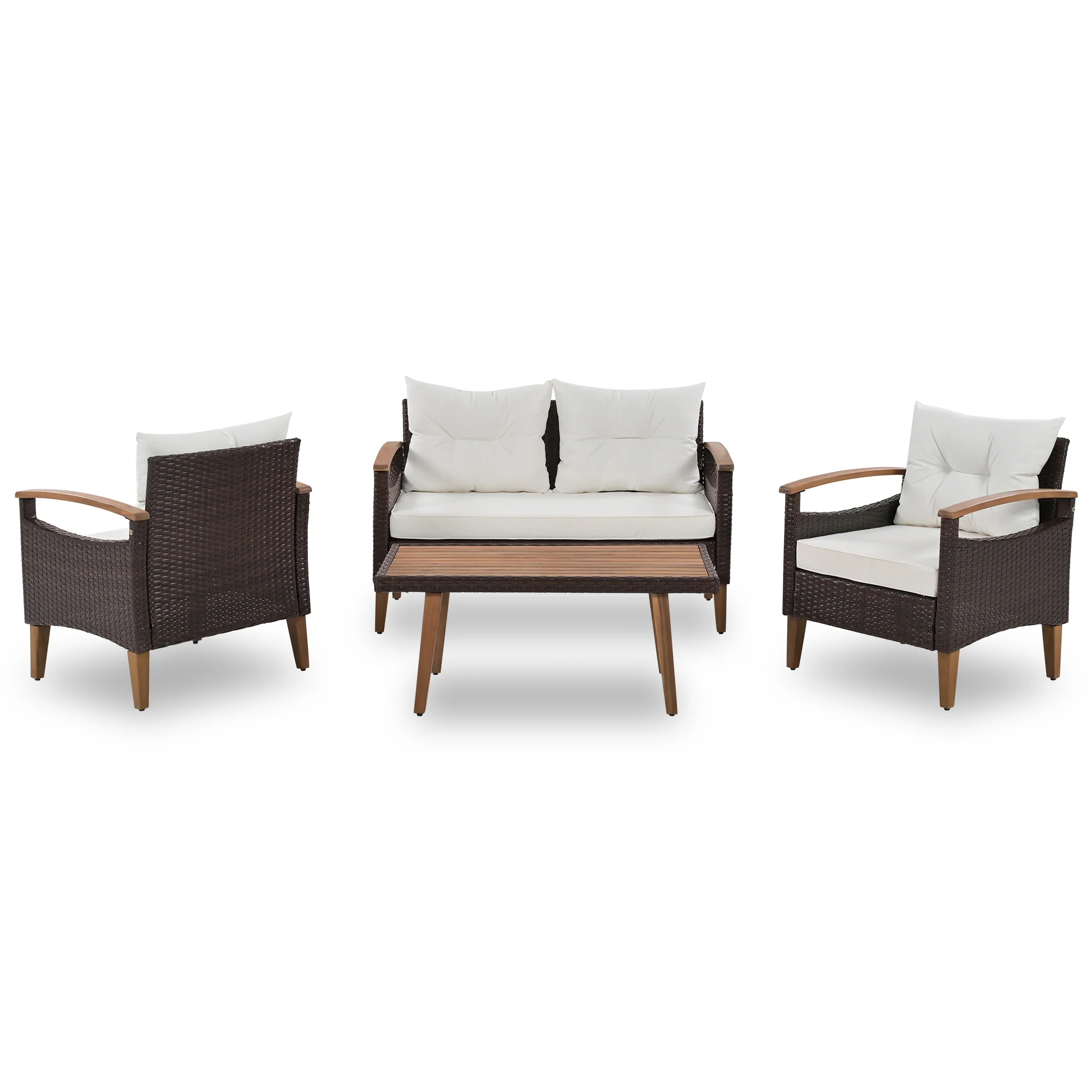 Walker Edison | 4-Piece Brown Rattan Outdoor Sofa Set with Table