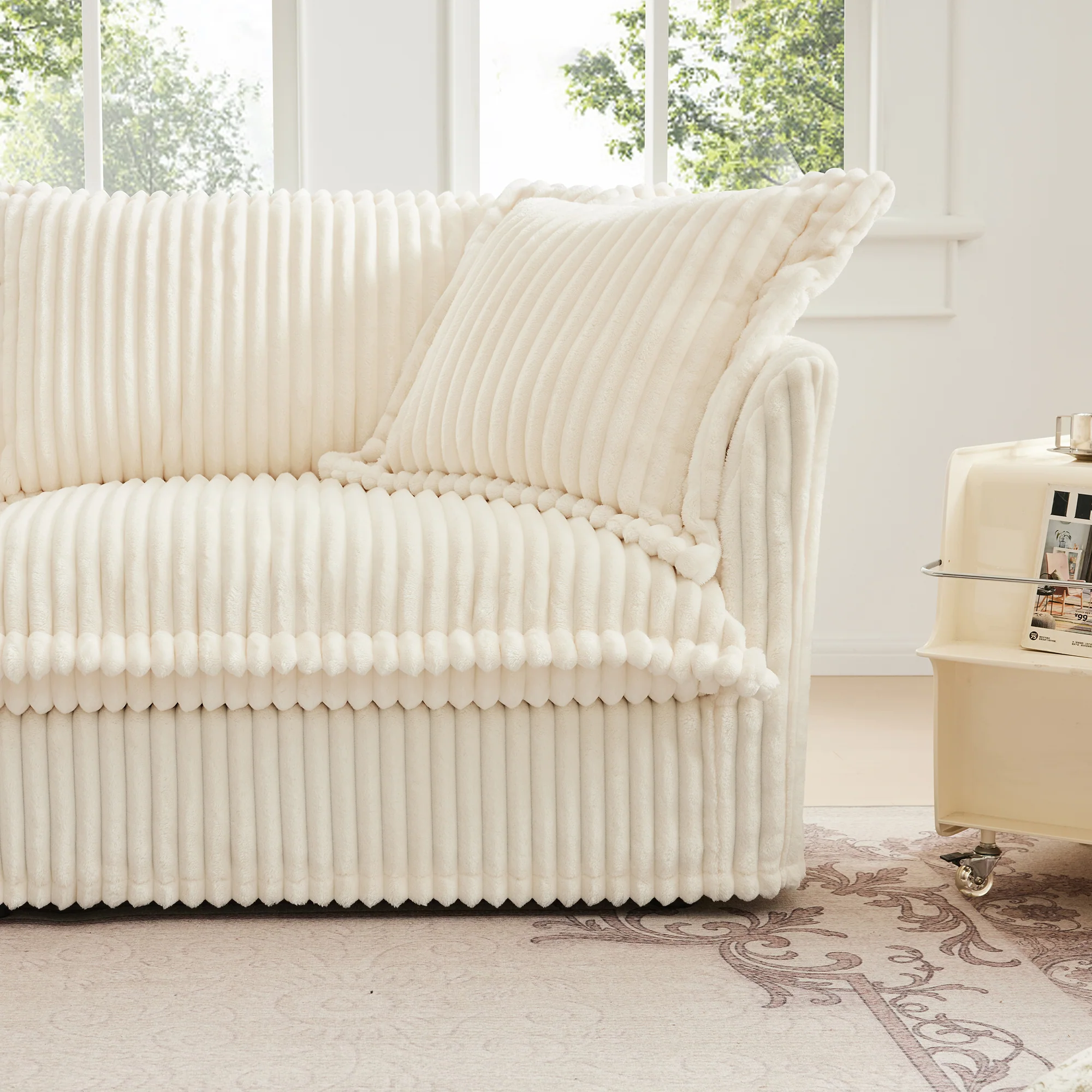 Walker Edison | Cloud Cream Corduroy Slipcovered Sectional Sofa with Ottoman