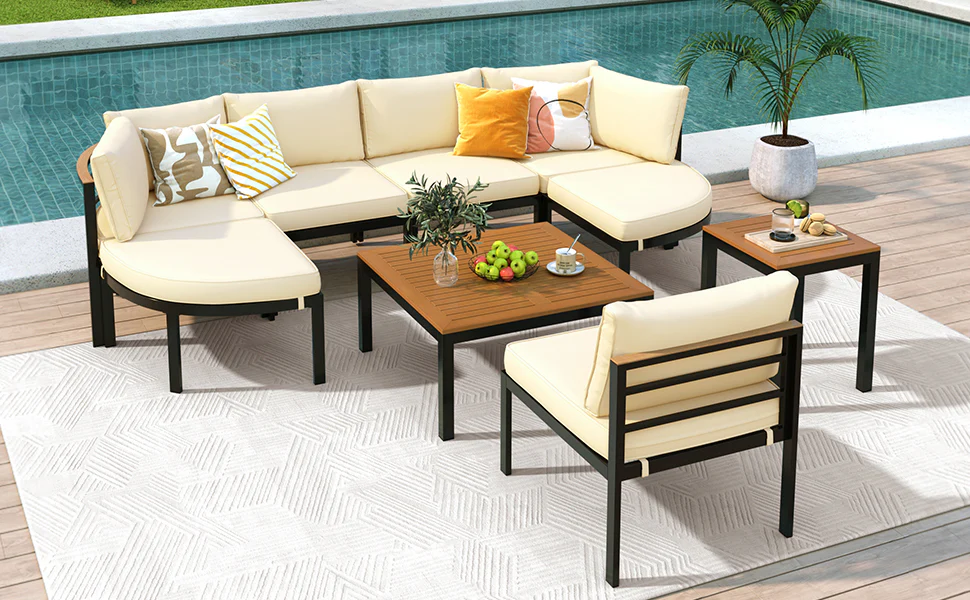 Walker Edison | Modern Outdoor Sectional Sofa Set with Tables