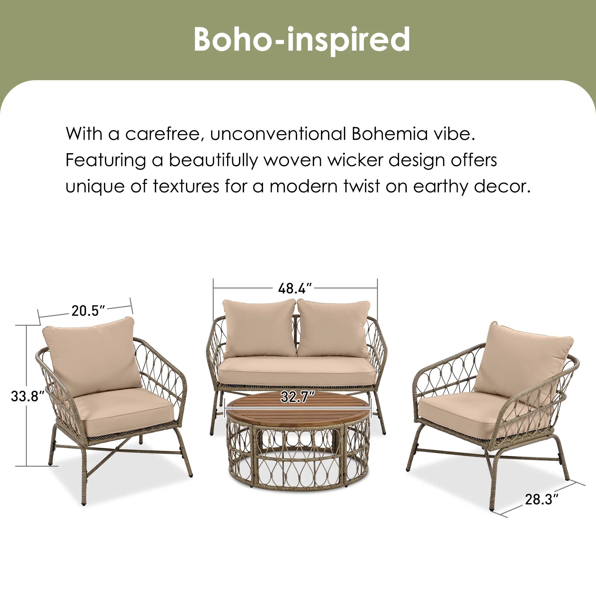 Walker Edison | Boho 4-Piece Outdoor Patio Sofa Set
