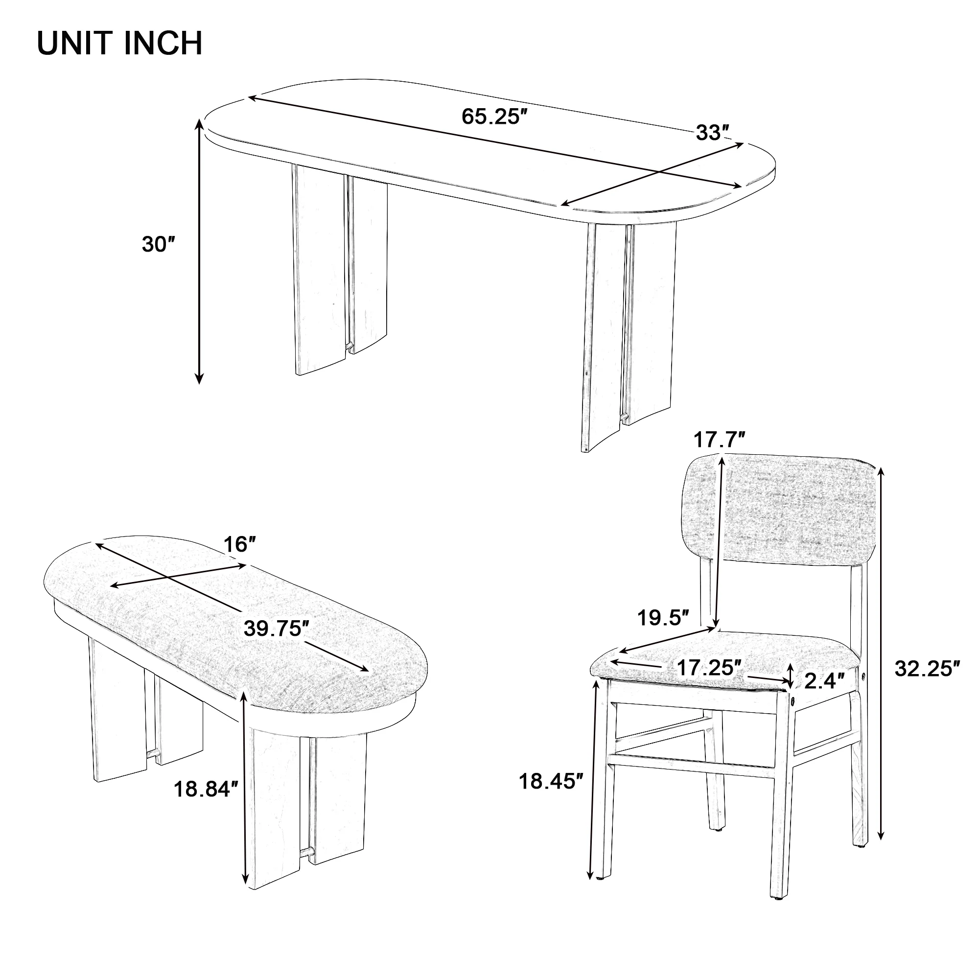 Walker Edison | Solid Wood 6-Piece Upholstered Dining Table Set with Bench