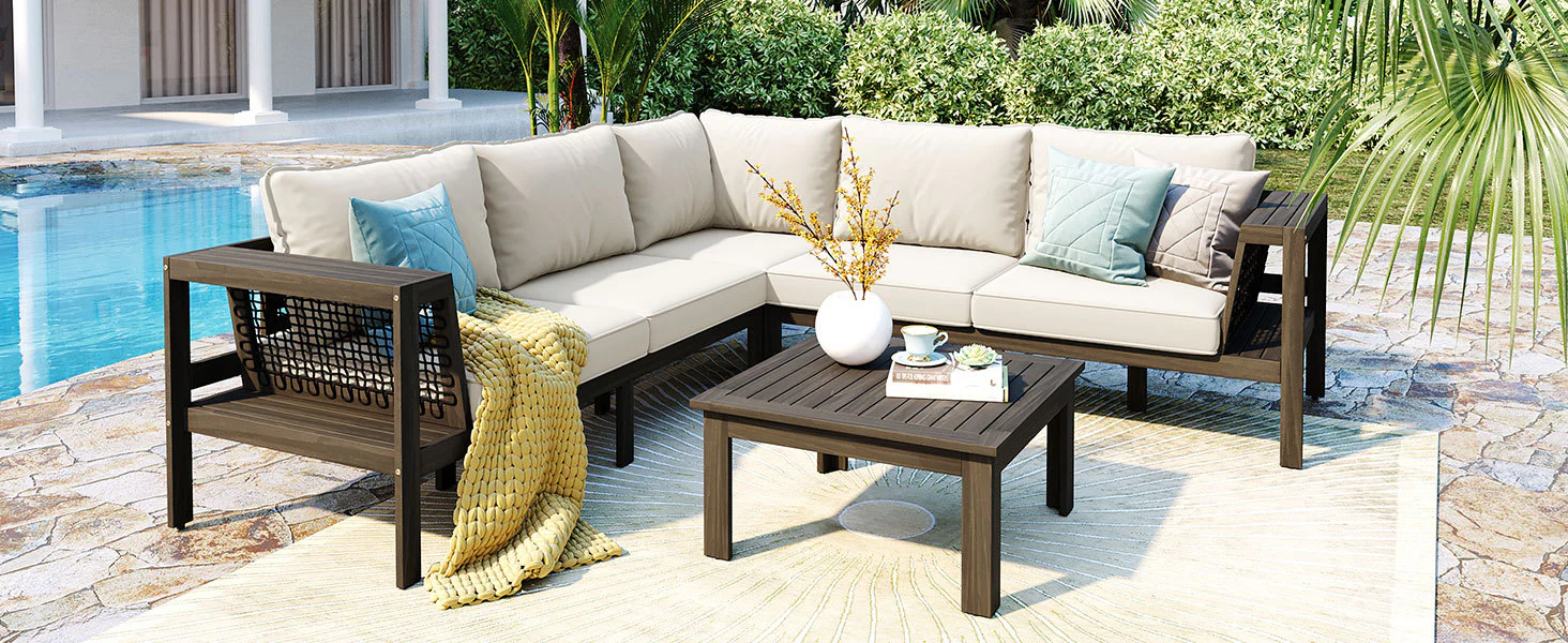 Walker Edison | Acacia L Shape Wood 4 Pieces Outdoor Sofa Set