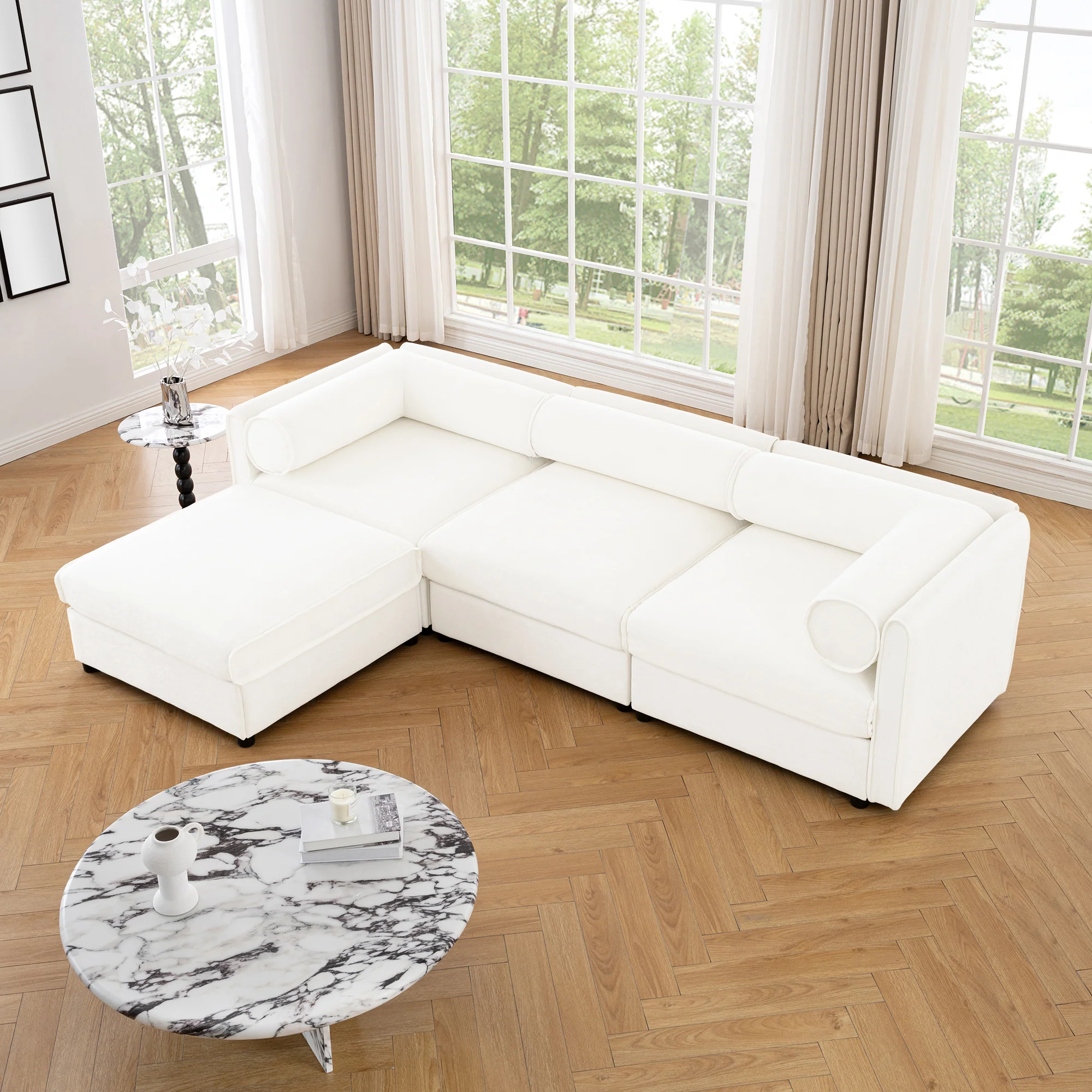 Walker Edison | Contemporary White Chenille L-Shaped Sofa with Storage and Ottoman
