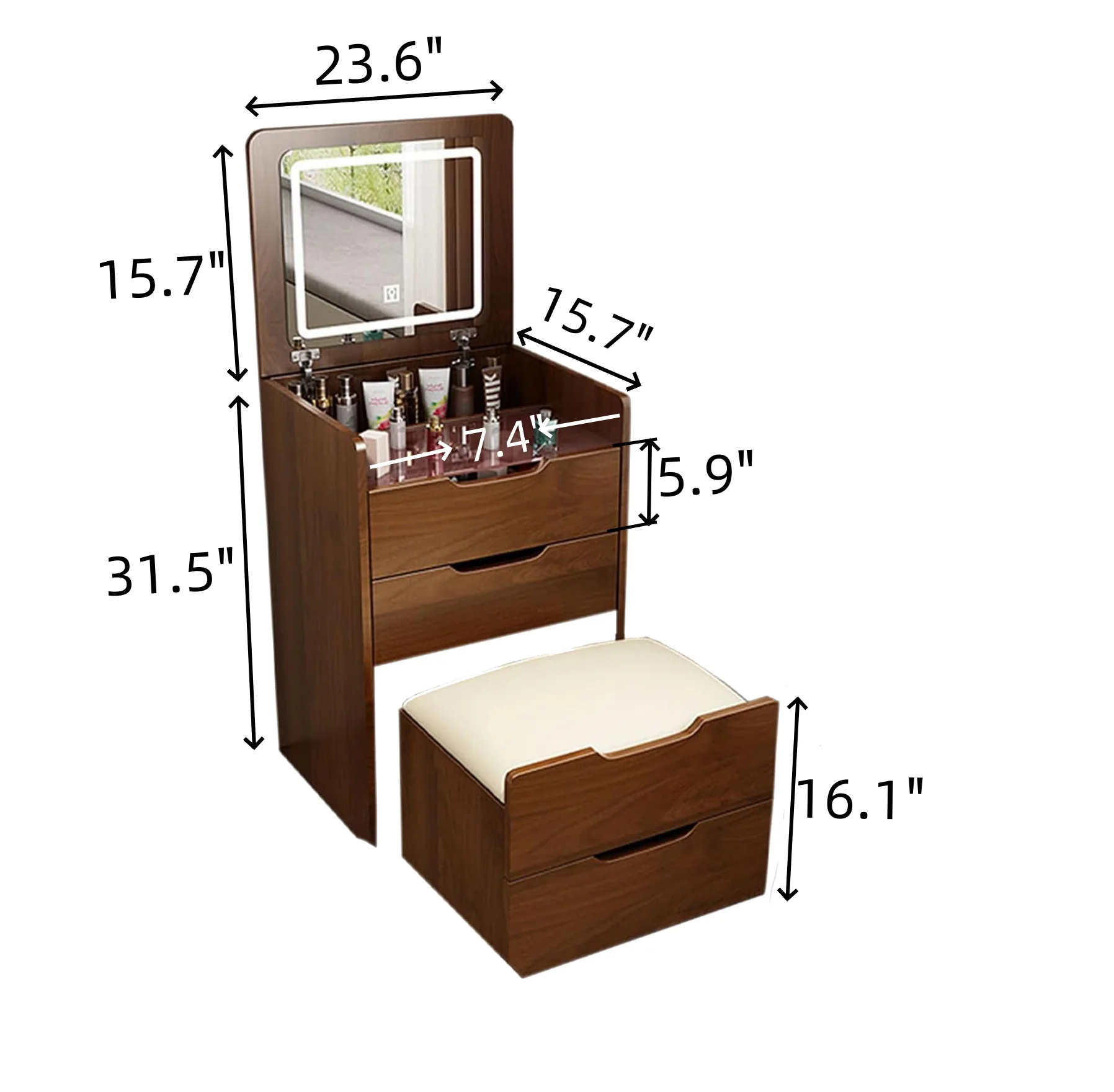 Walker Edison | Walnut 3 in 1 Vanity Desk with Flip Top Mirror & Cushioned Stool