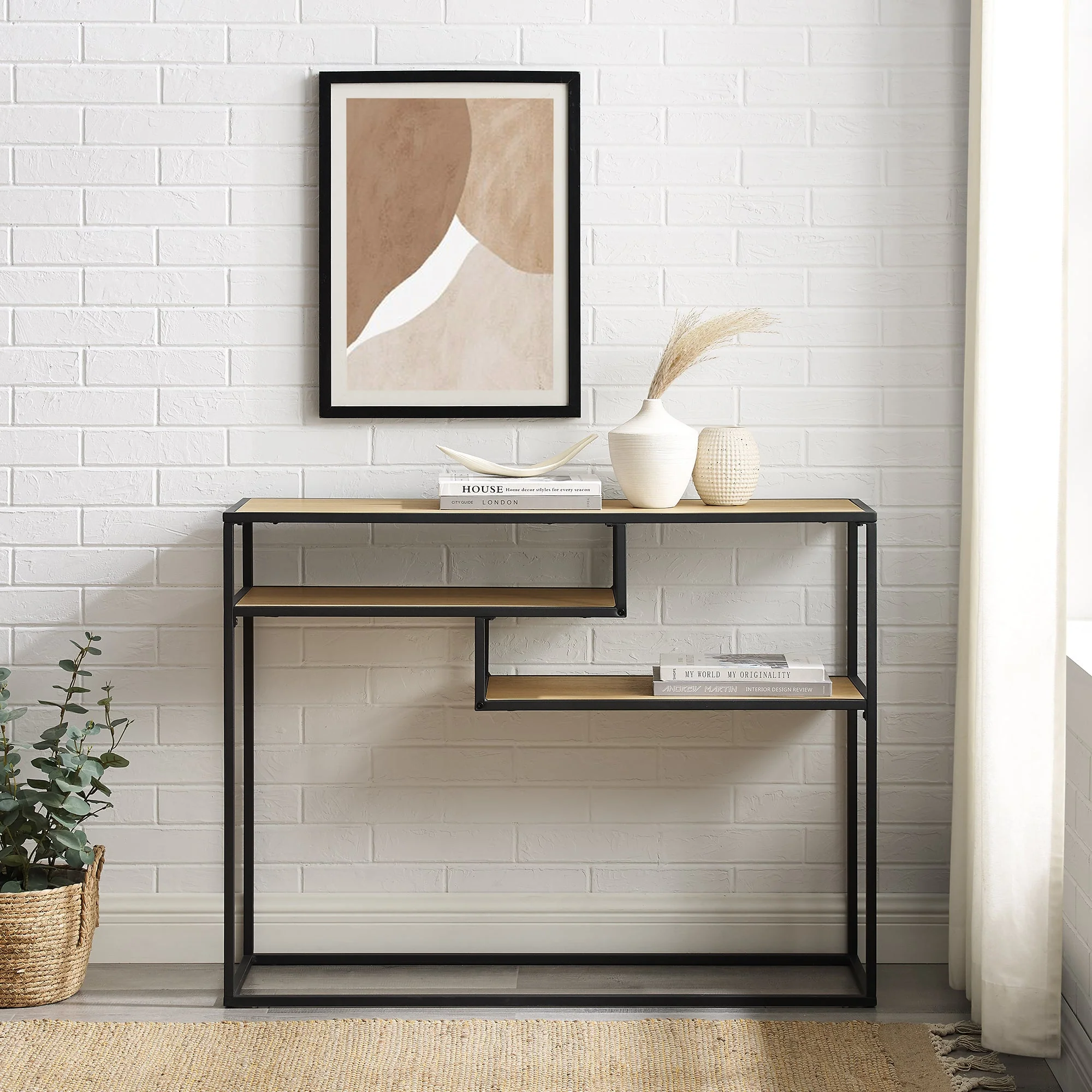 Maya 42 Metal and Wood Tiered Shelf Entry Table
