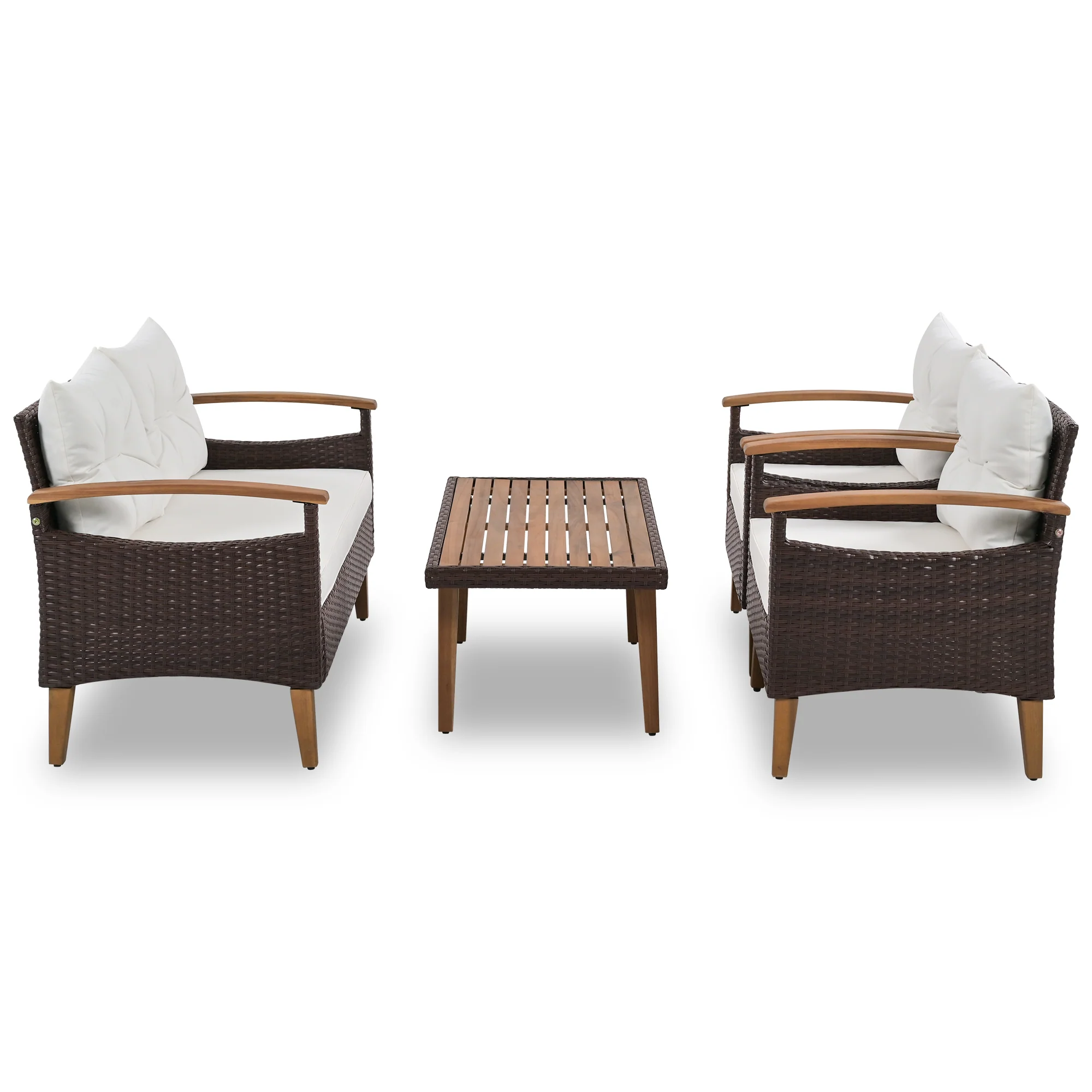 Walker Edison | 4-Piece Brown Rattan Outdoor Sofa Set with Table