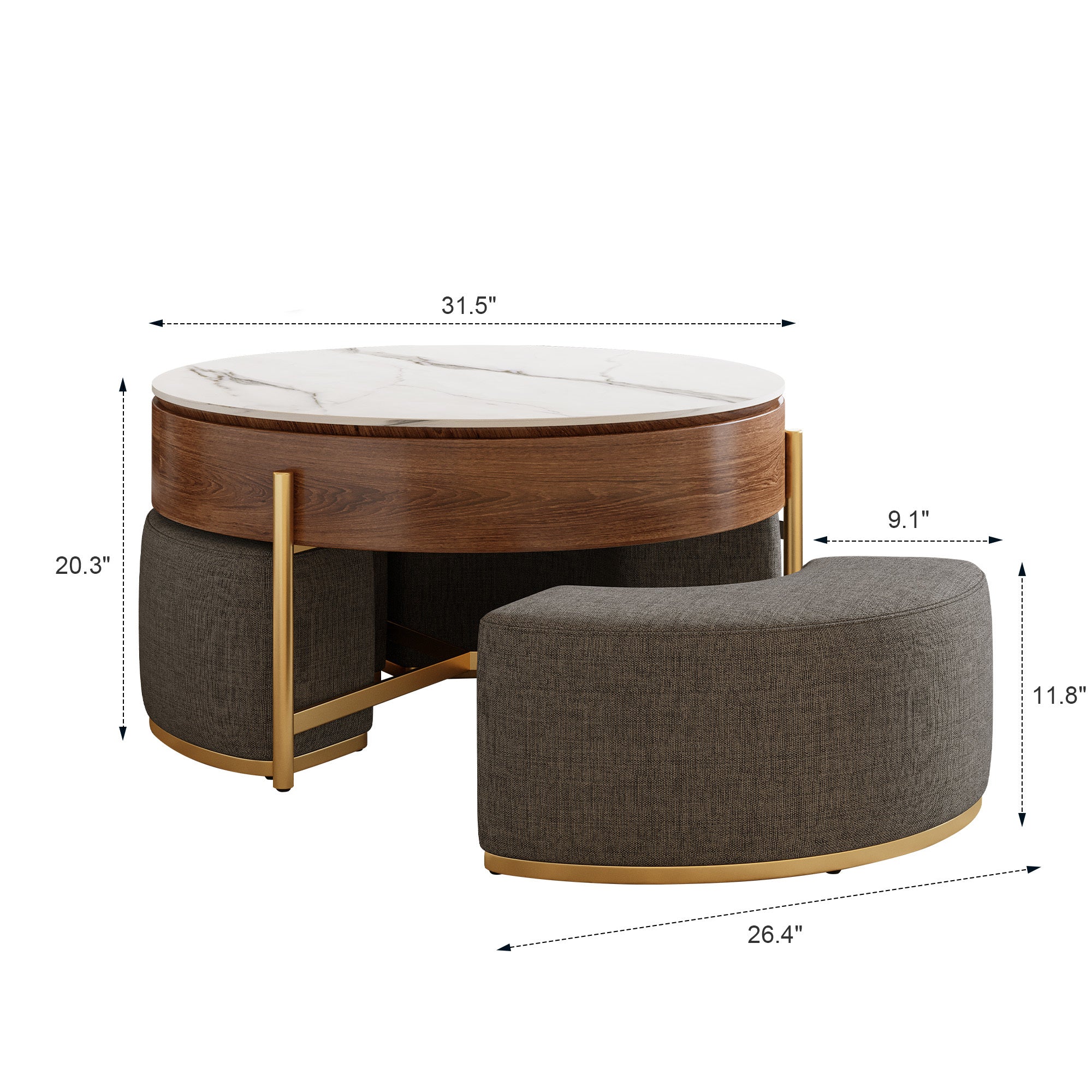 Walker Edison | Modern Lift-Top Round Coffee Table with Storage and Nesting Ottomans