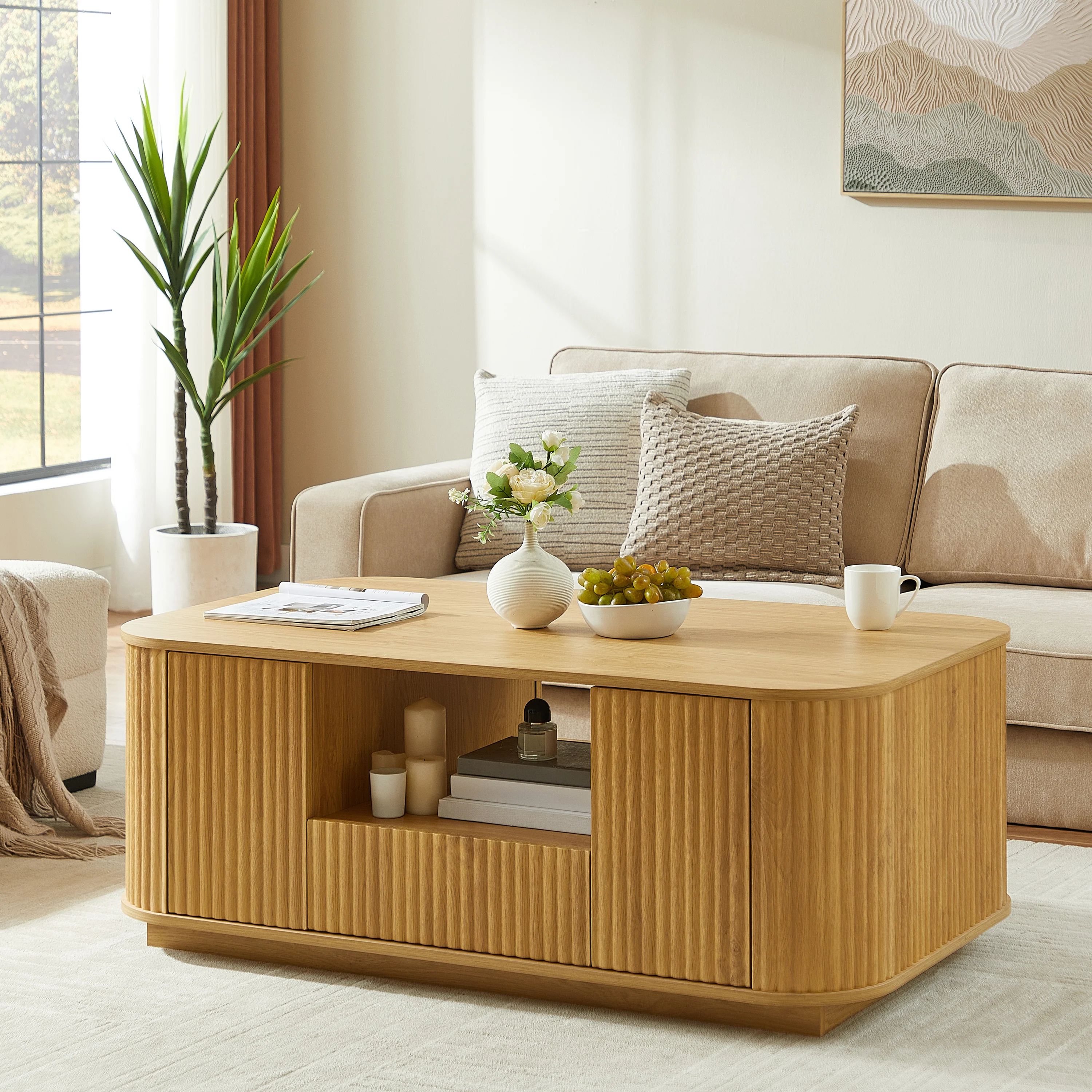 Walker Edison | Reeded Modern Curve Design Storage Coffee Table