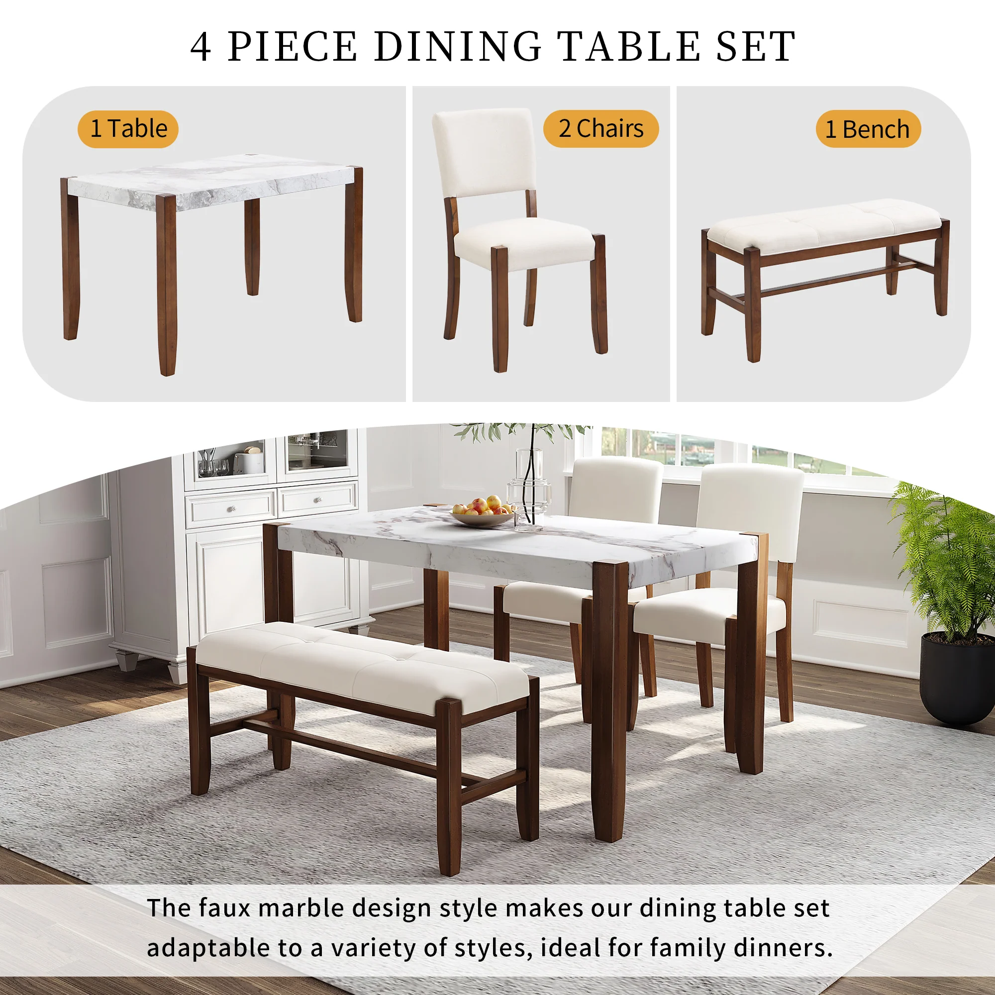 Walker Edison | Faux Marble 4-Piece Modern 46' Dining Set