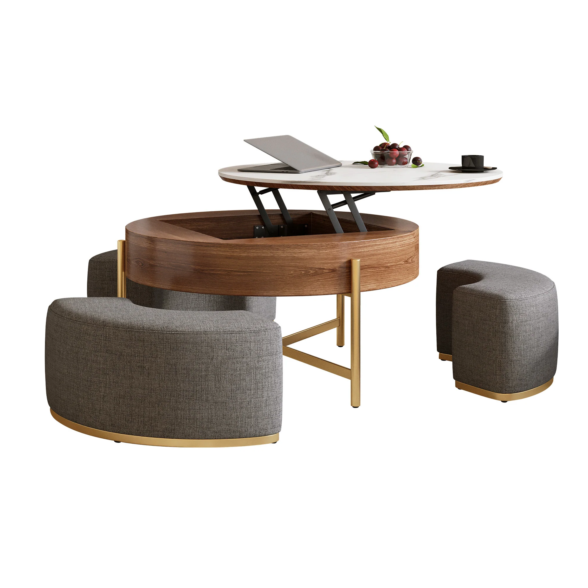 Walker Edison | Modern Lift-Top Round Coffee Table with Storage and Nesting Ottomans