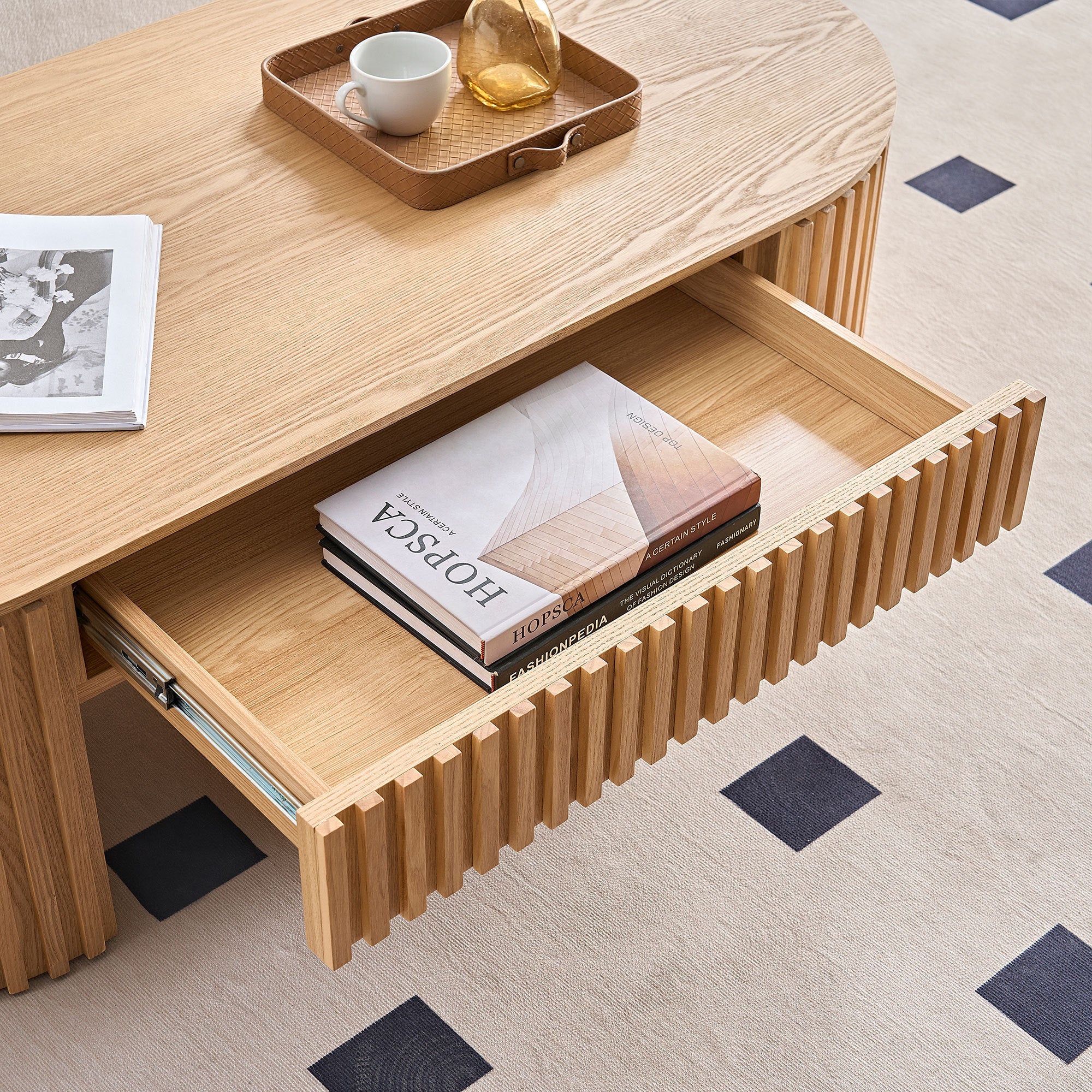 Walker Edison | Reeded Oval Wood Coffee Table With Drawer