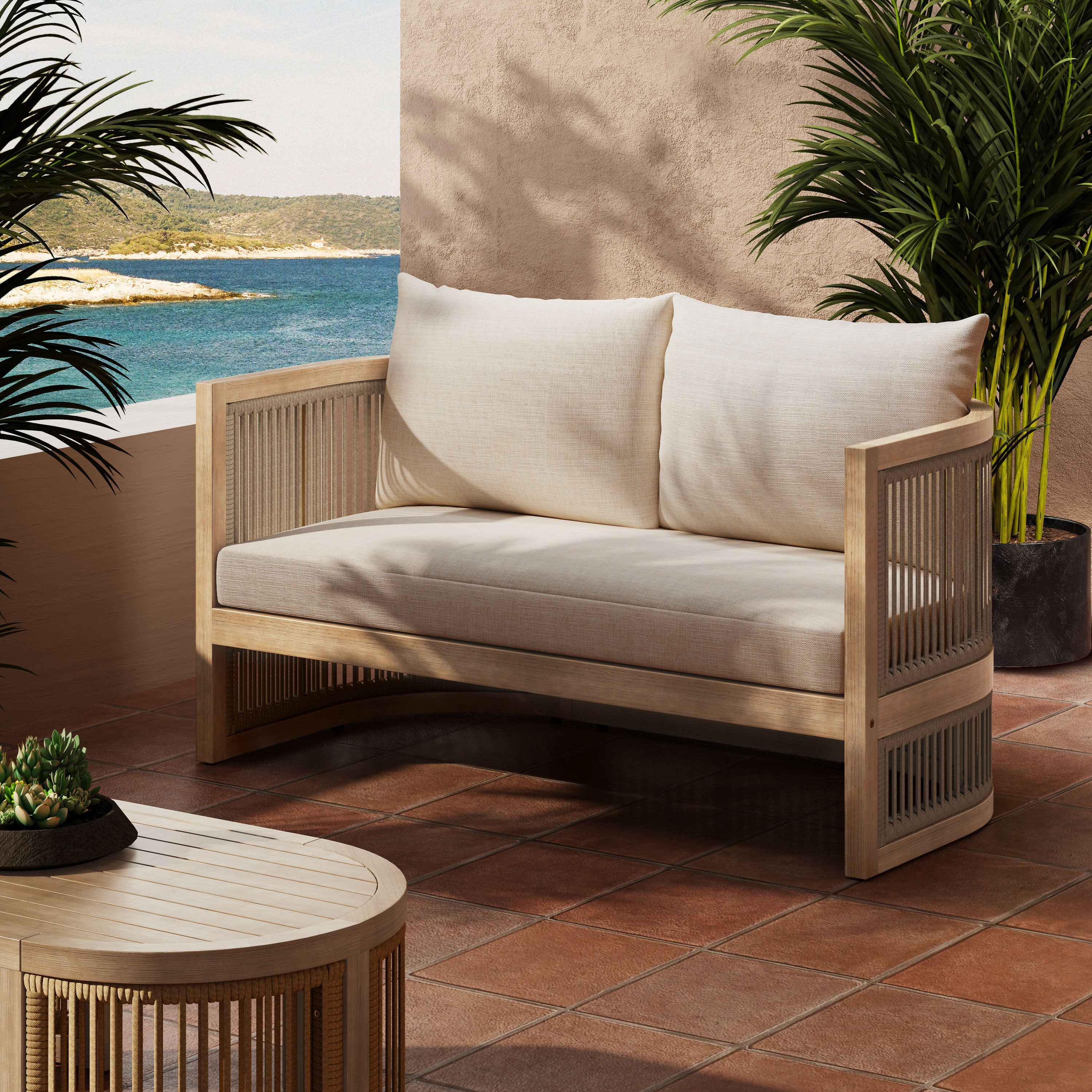 Walker Edison | 54.4'' Outdoor Acacia Wood Loveseat with Cushions