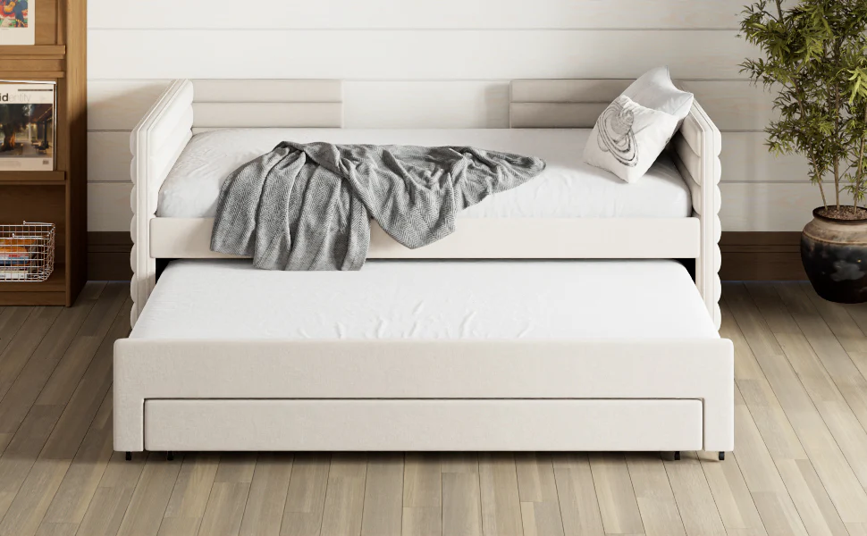 Walker Edison | Twin Size Upholstered Daybed with Trundle and 3 Storage Drawers