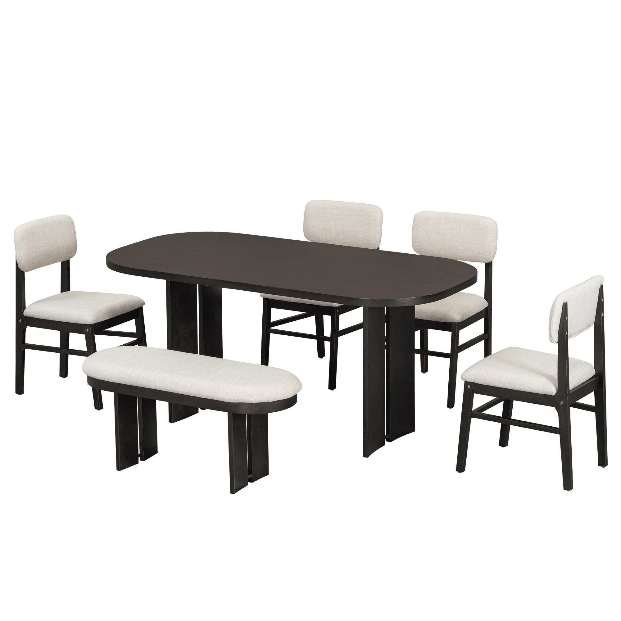 Walker Edison | Solid Wood 6-Piece Upholstered Dining Table Set with Bench