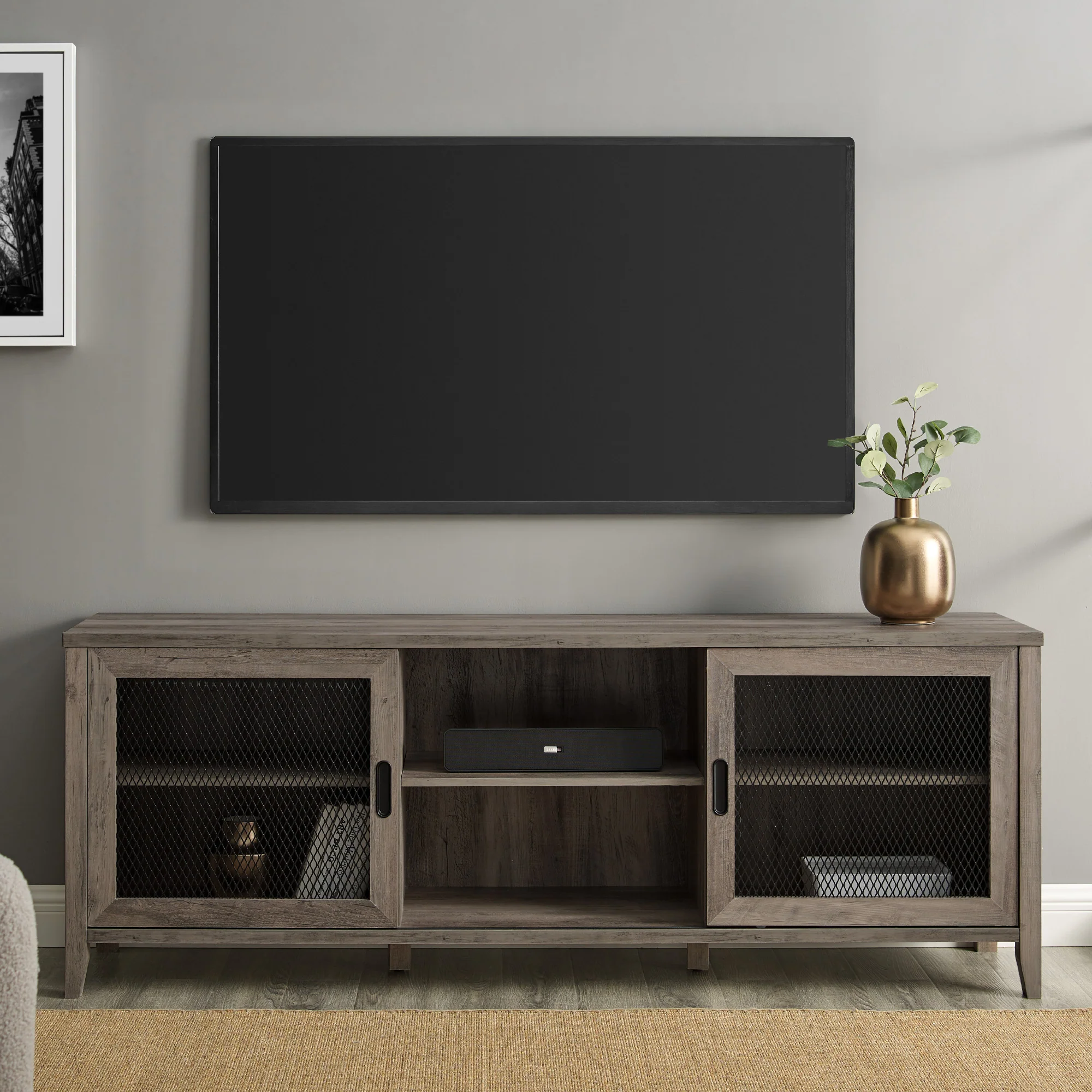 Arthur Industrial TV Stand with Sliding Mesh Door