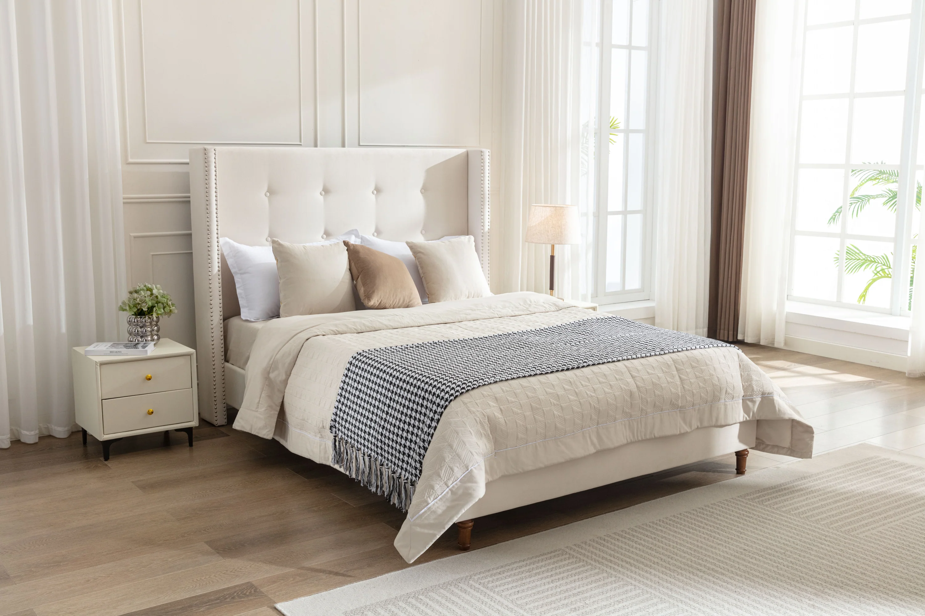 Walker Edison | Traditional Peyton Upholstered 54 High Headboard King Bed