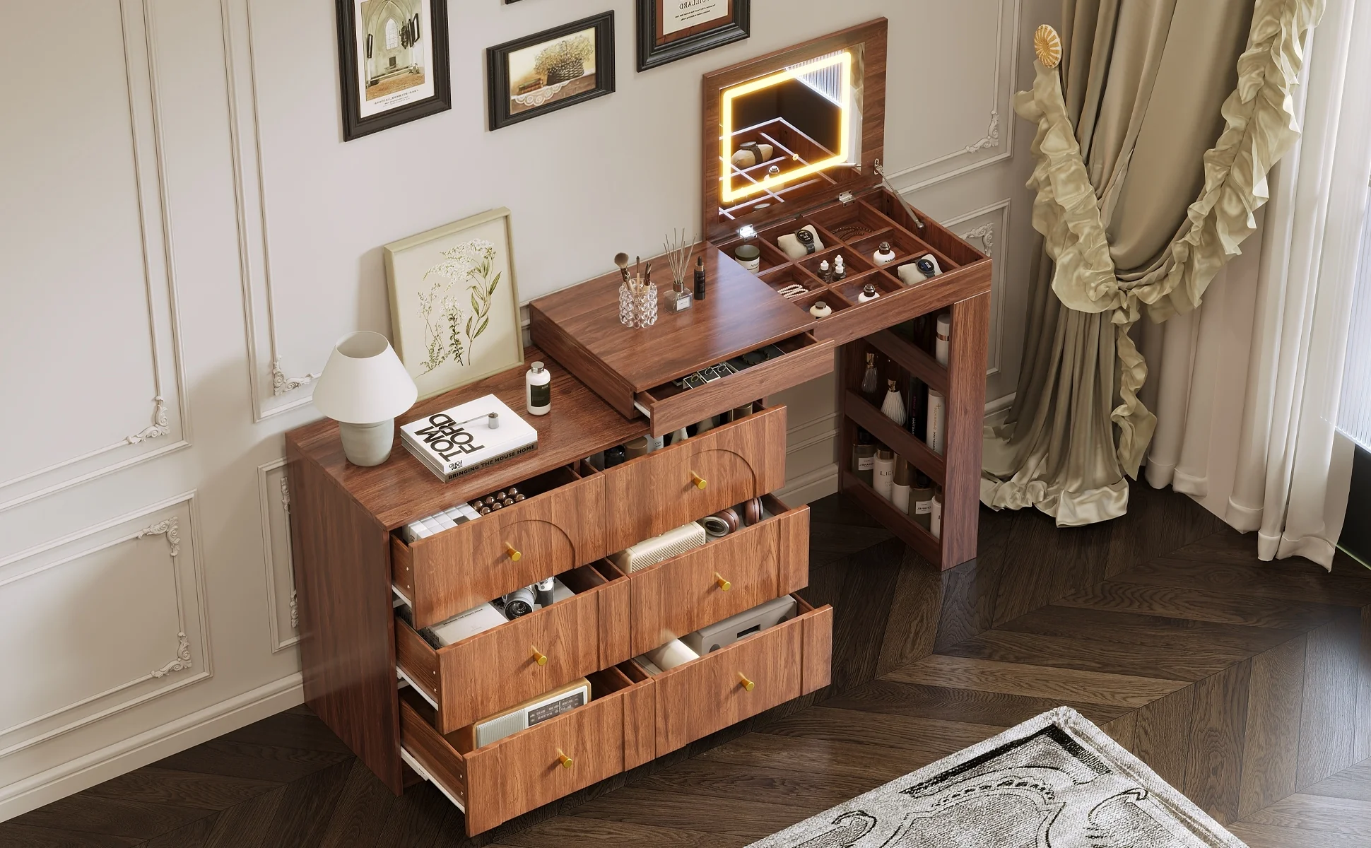 Walker Edison | Multi-Functional Vanity Desk/Dresser Set with Flip-Top Mirror and Lights