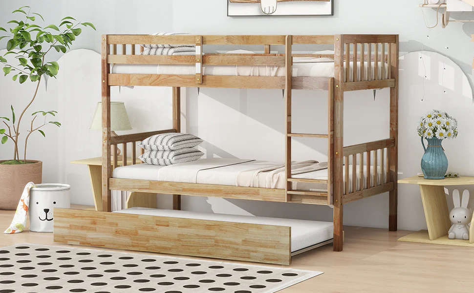 Walker Edison | Convertible Twin Over Twin Bunk Bed with Trundle with Ladder Sleeps 3