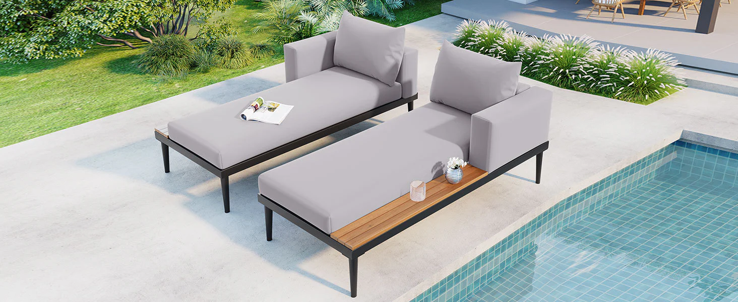 Walker Edison | Modern Outdoor Patio Daybed with Wood Topped Side Tables
