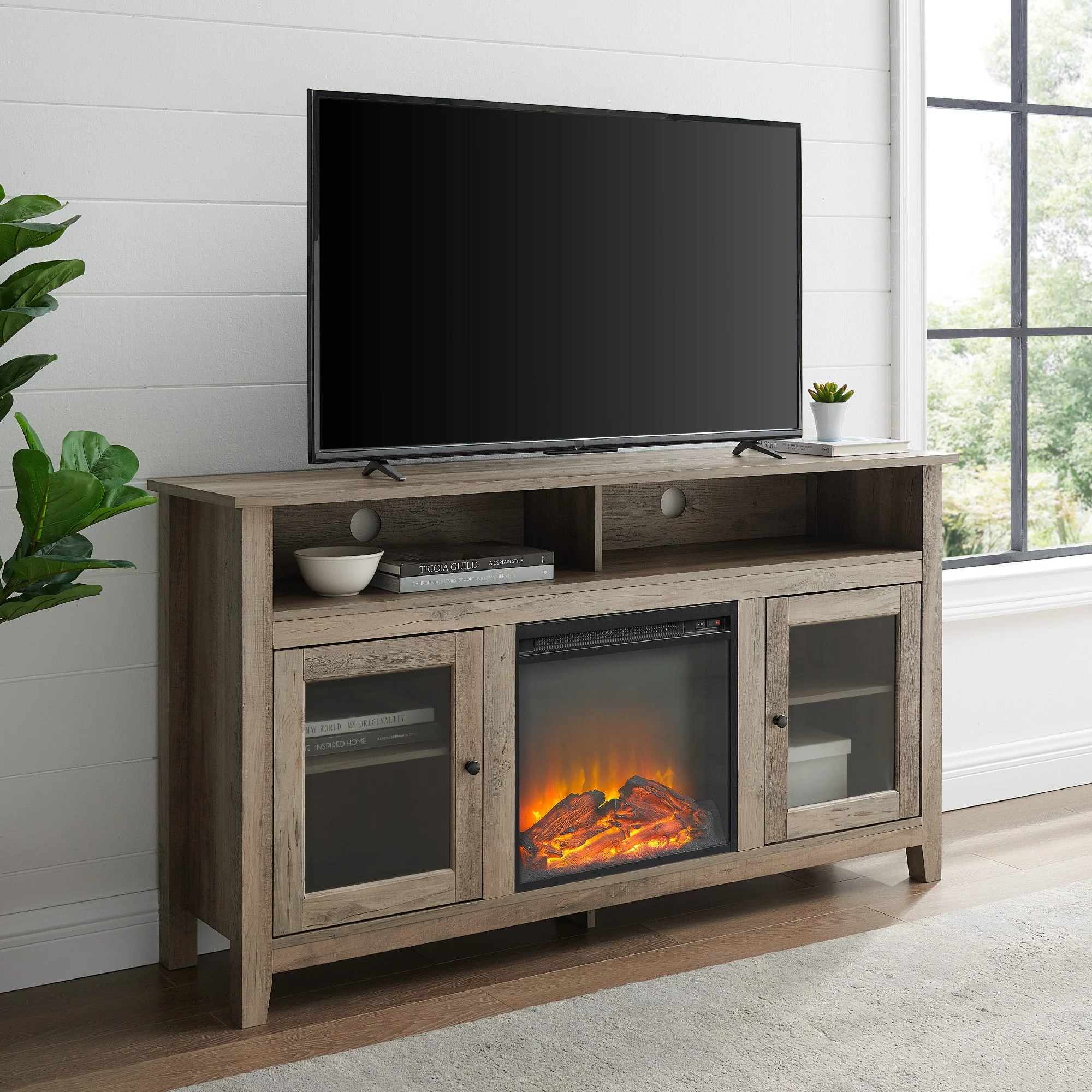 Wasatch 58 Transitional Fireplace Glass Wood TV Stand