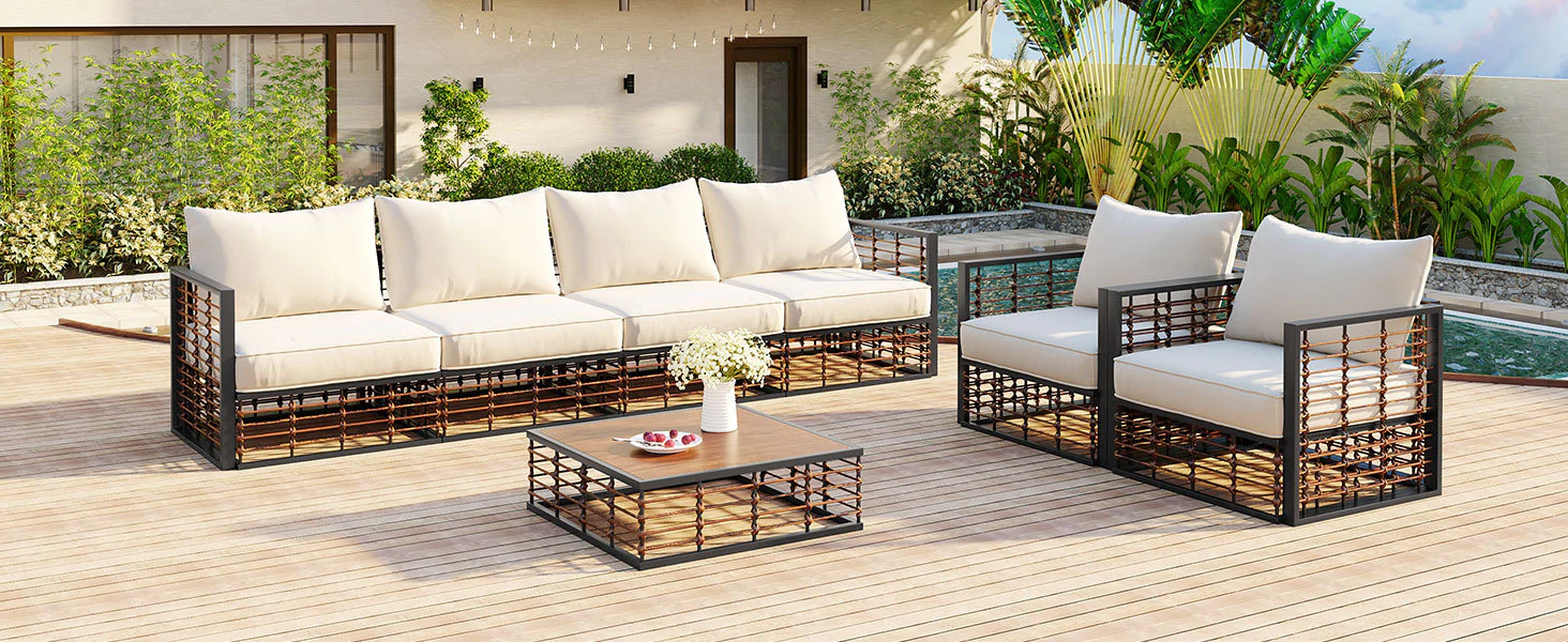 Walker Edison | Modern Minimalist 7-Piece Metal Outdoor Patio Sectional Sofa Set