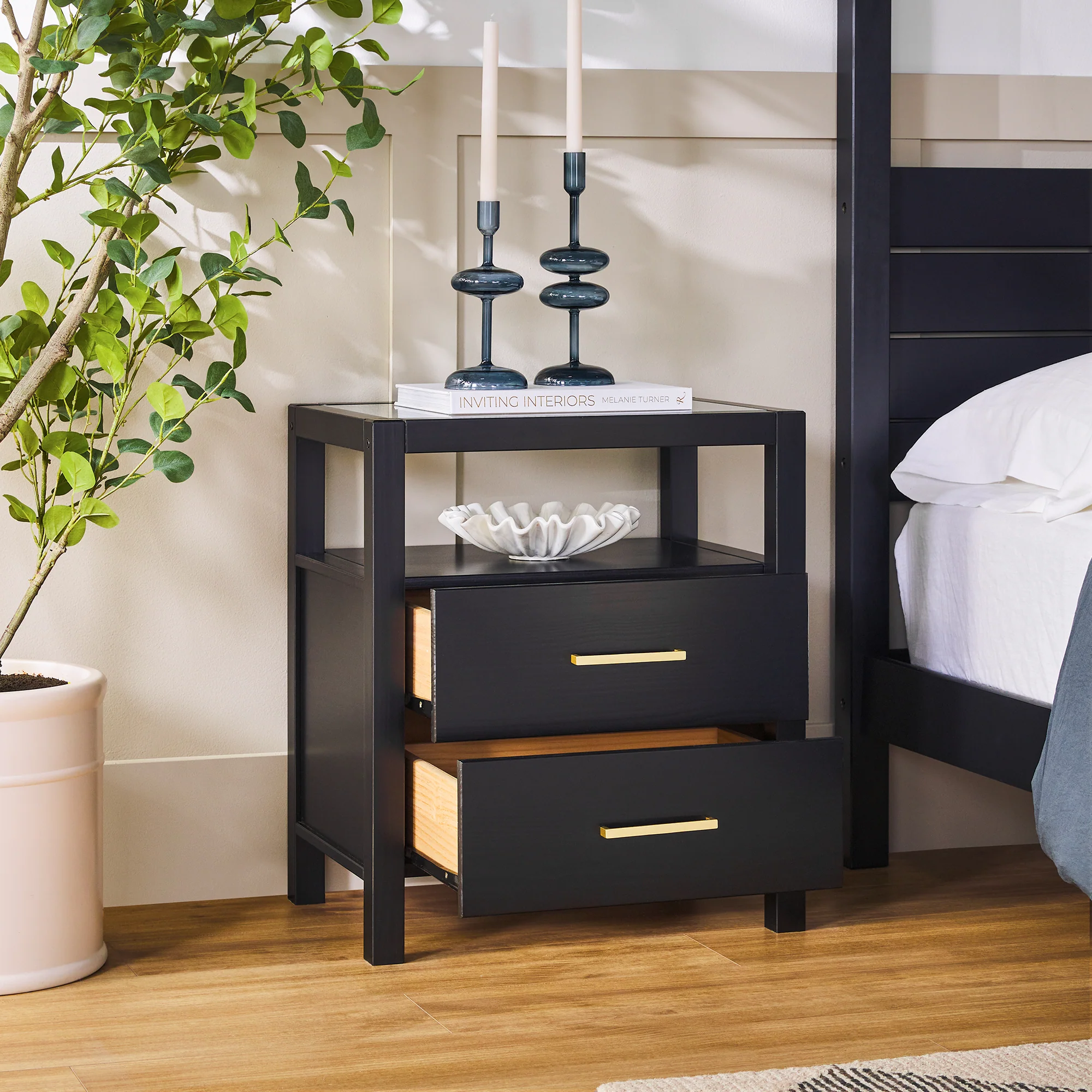 Isla Modern Easy Assembly Solid Wood 2-Drawer Nightstand Side Table with Glass Top