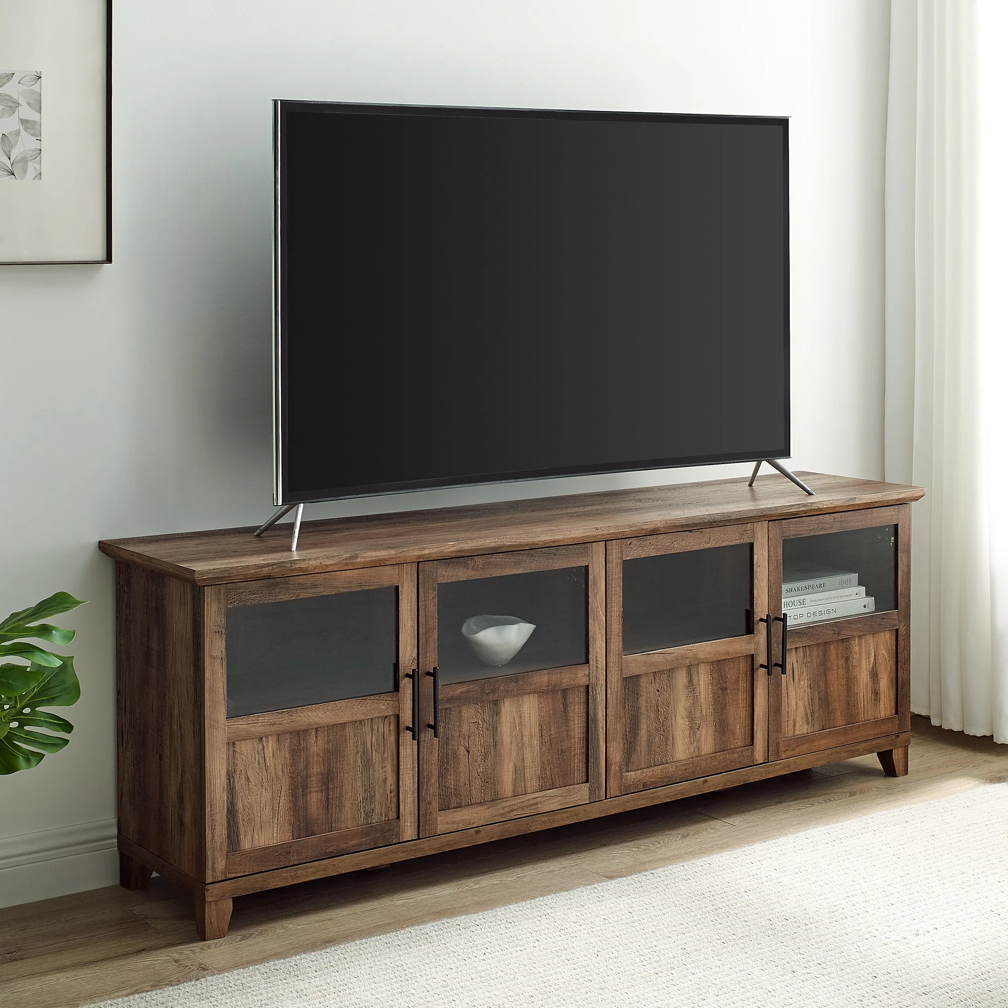 Goodwin 70 TV Stand with Glass and Wood 4 Panel Doors