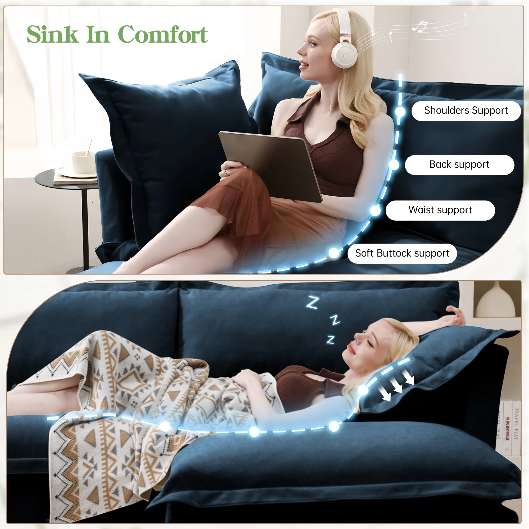 Walker Edison | Deep Seat Blue Slipcovered Loveseat Sofa with Two Ottomans