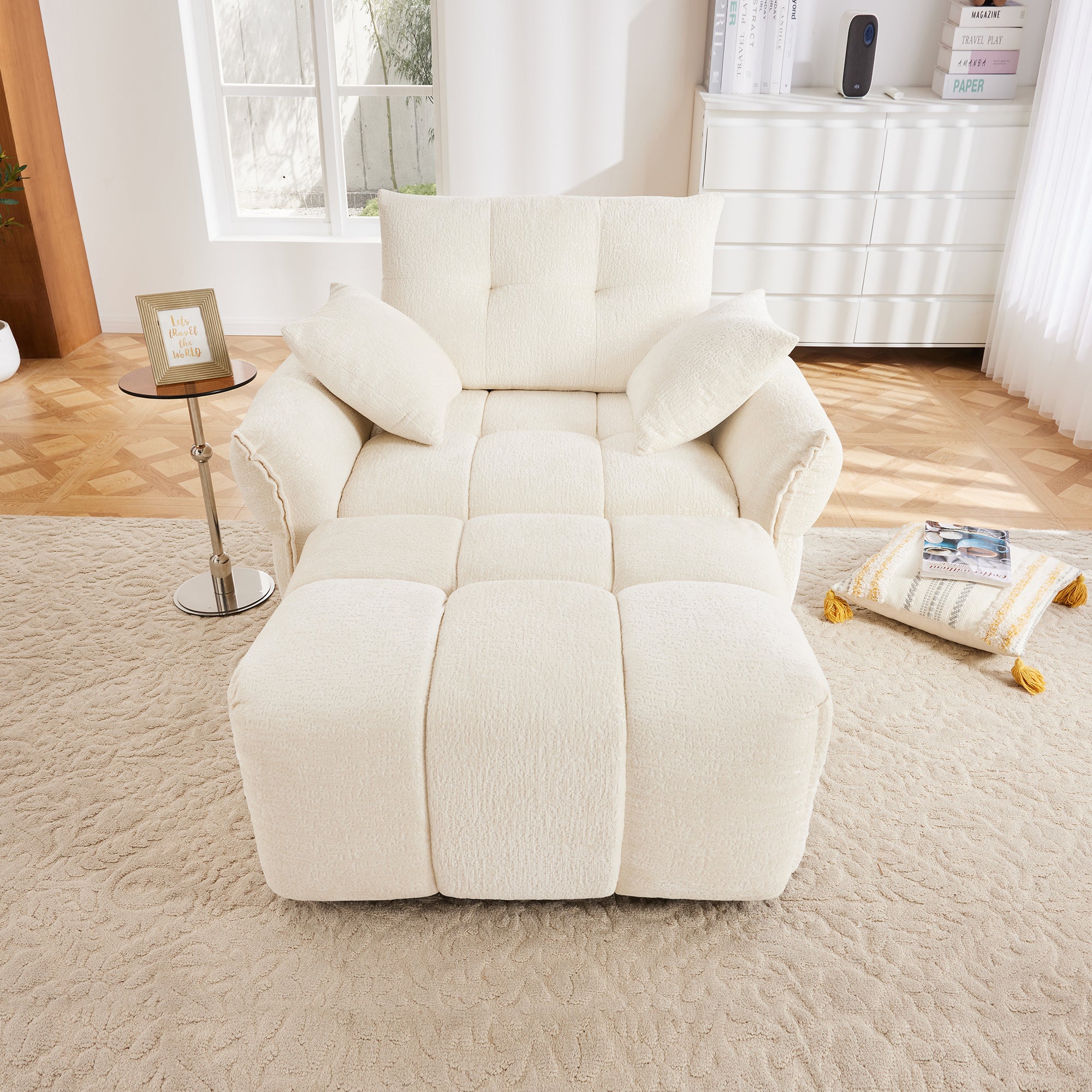 Walker Edison | Modern Tufted Ergonomic White Chenille Accent Chair with Ottoman Set