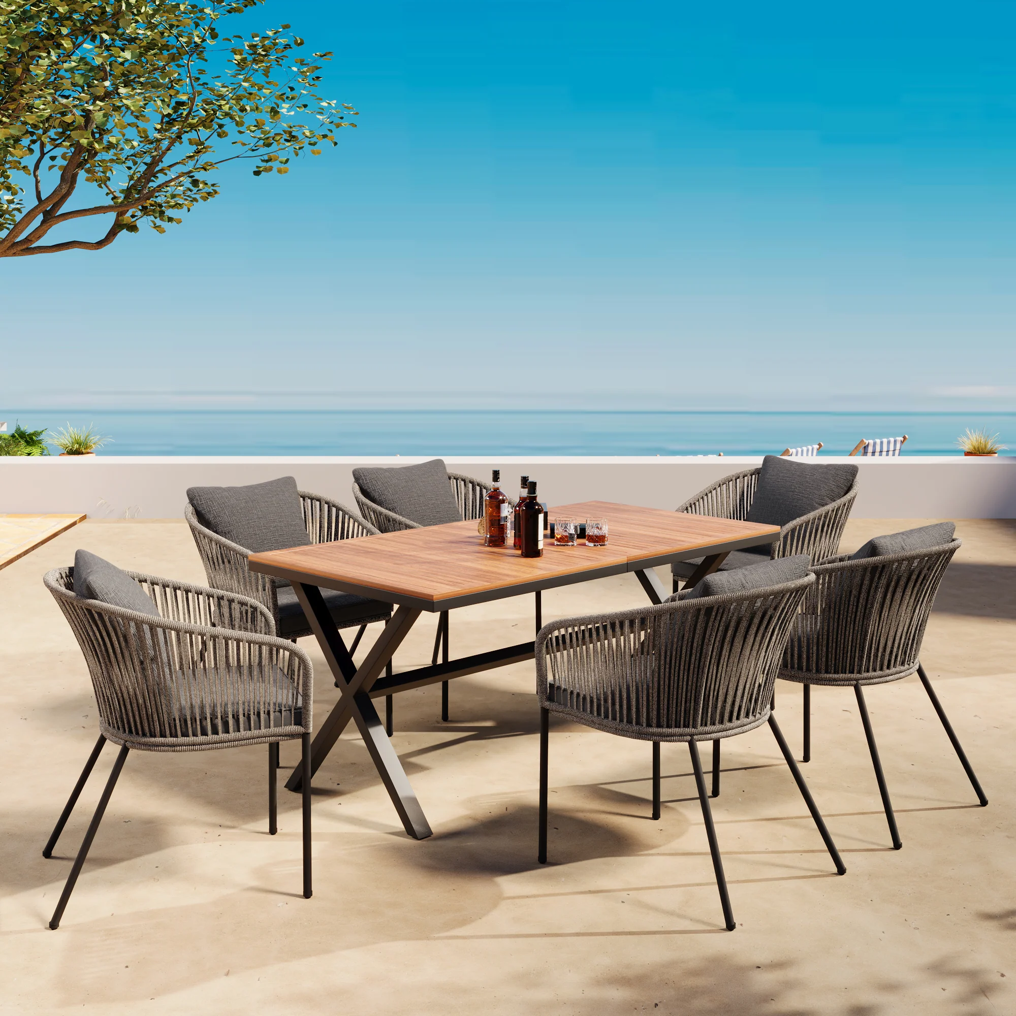 Walker Edison | Rope Modern Design 7 Piece Patio Dining Set