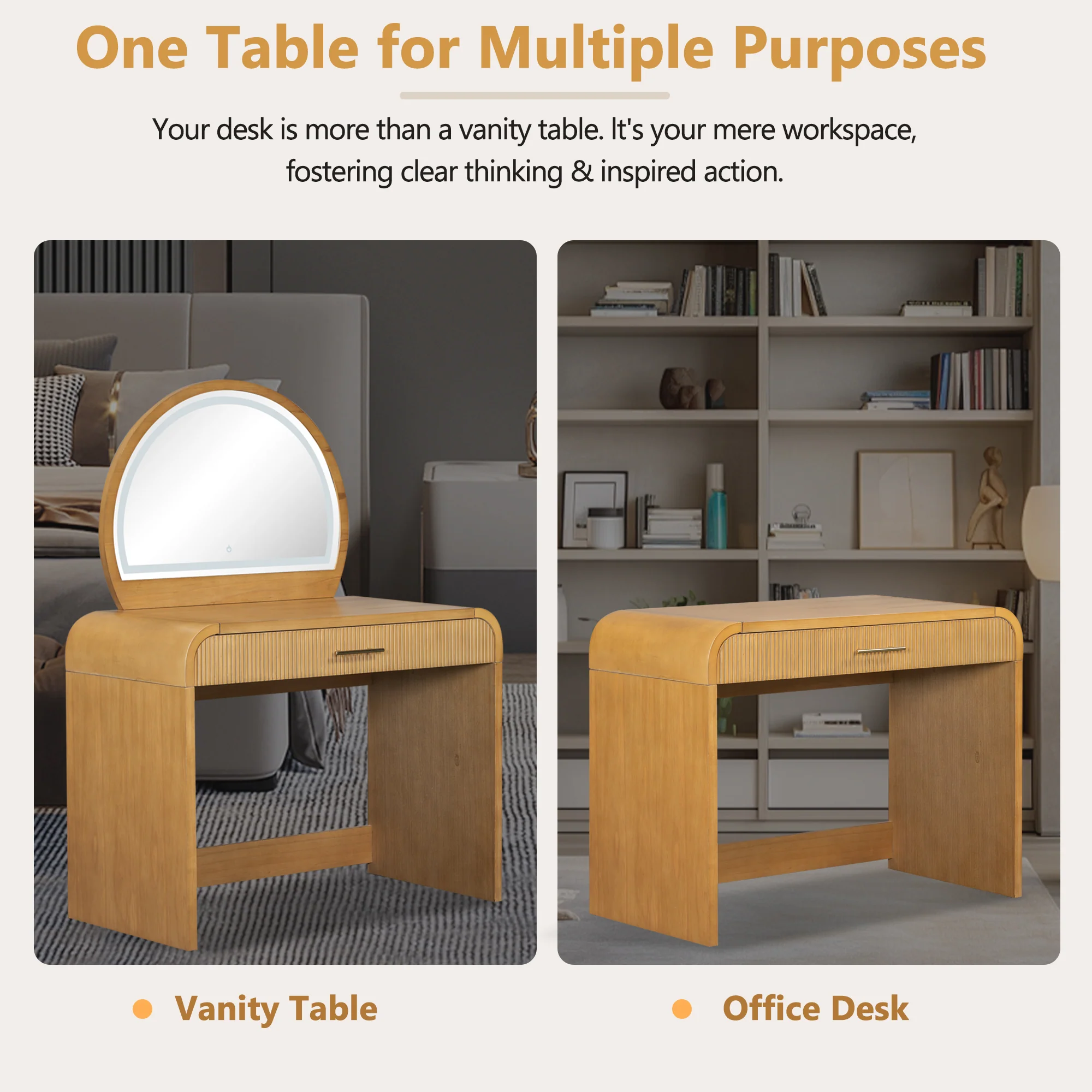 Walker Edison | Natural Reeded Curve Design Makeup Vanity Desk with Mirror