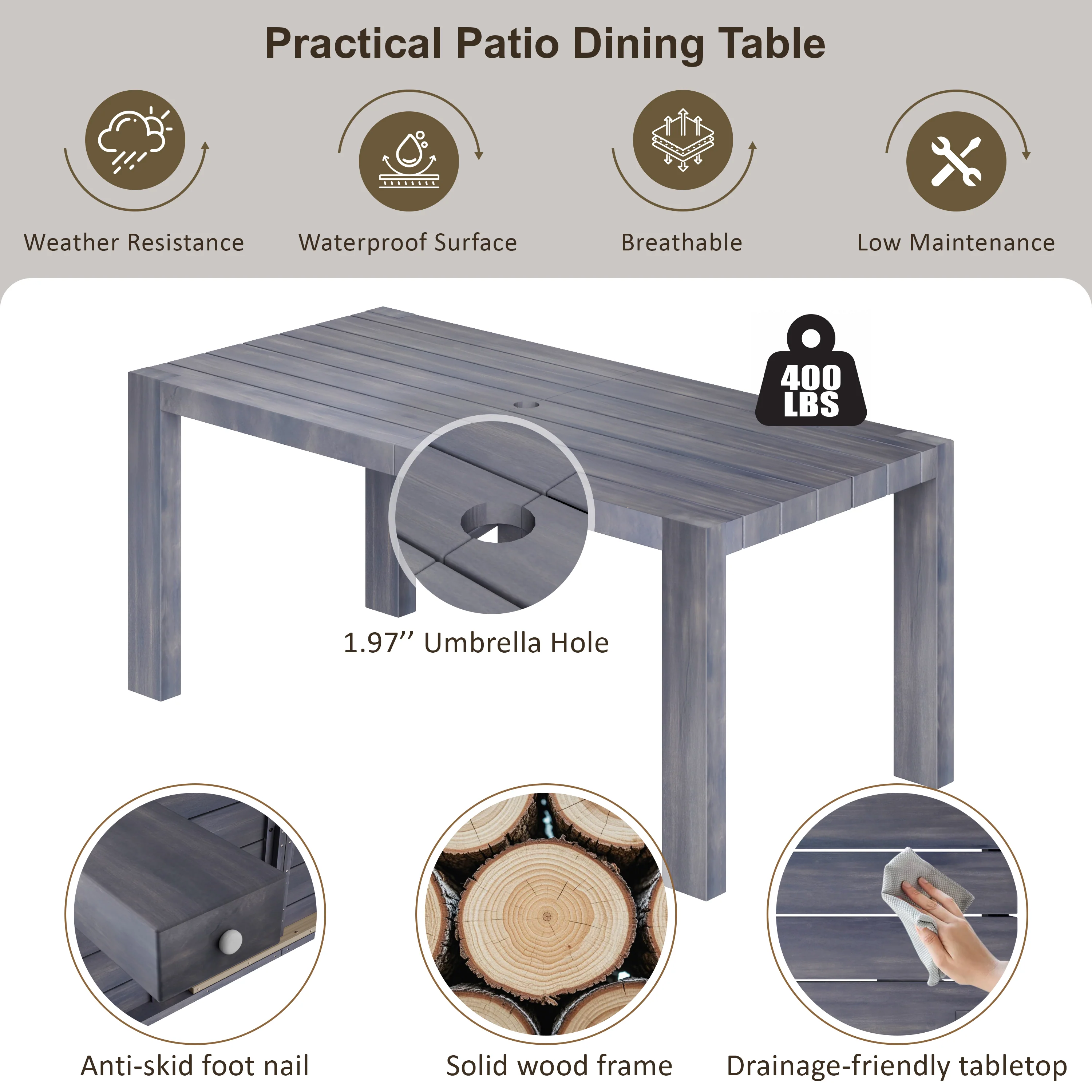 Walker Edison | Grey Wood Outdoor 7-Piece Patio Dining Table Set for 6