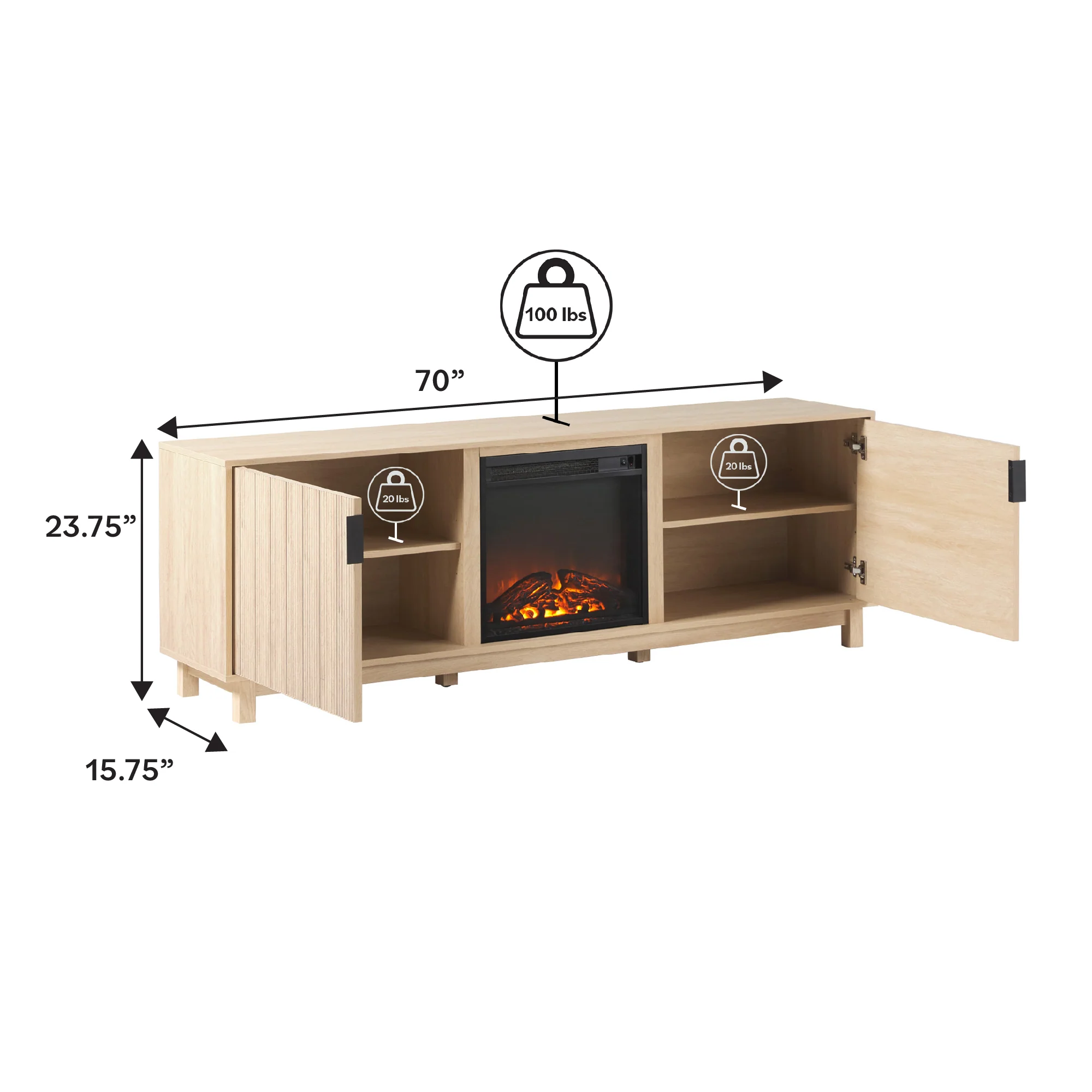 Reema Scandinavian 70 Modern Reeded TV Stand with Freestanding Electric Fireplace