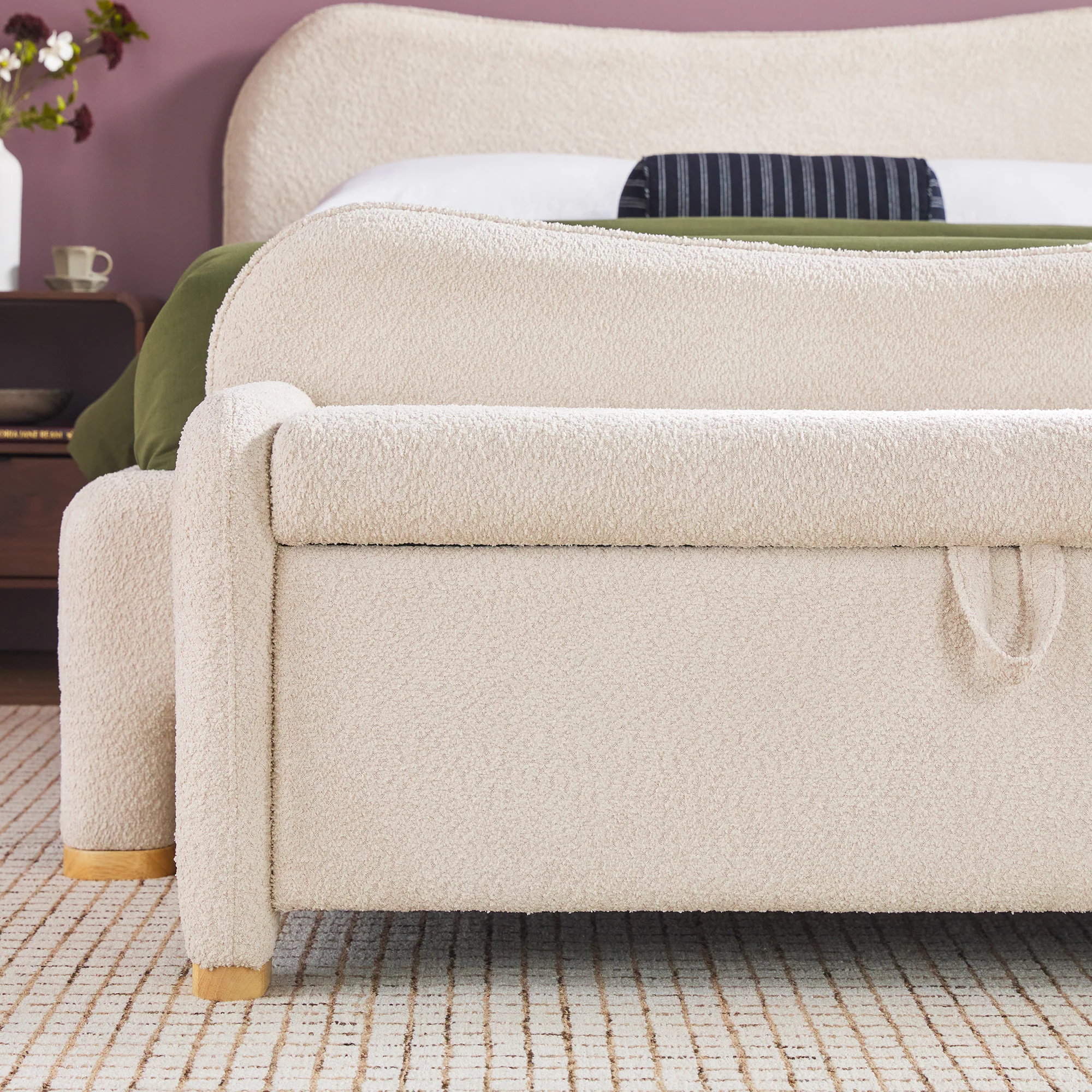 Chantelle Modern Curved Boucle Upholstered Bench with Storage