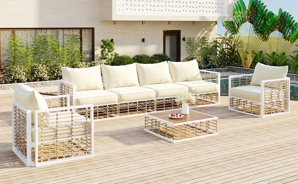 Walker Edison | White Modern Minimalist 7-Piece Metal Outdoor Patio Sectional Sofa Set
