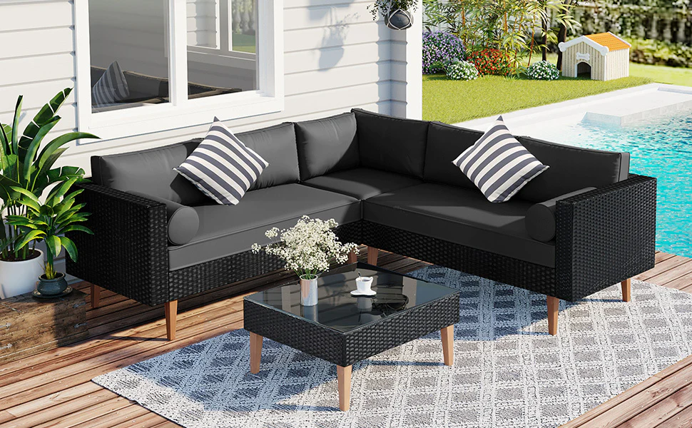 Walker Edison | Black 4-pieces Outdoor Wicker Sofa Set