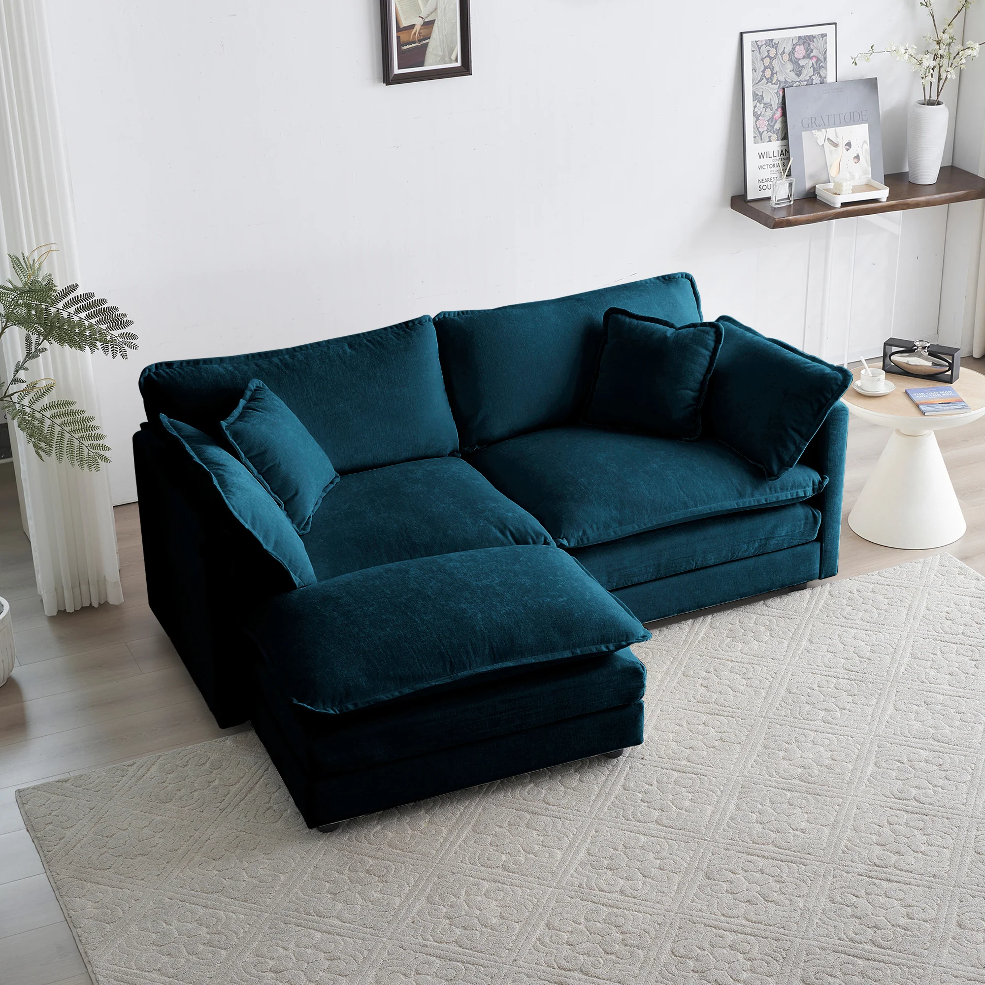 Walker Edison | Teal Cloud Chenille Two-Seater Loveseat Sofa with Ottoman