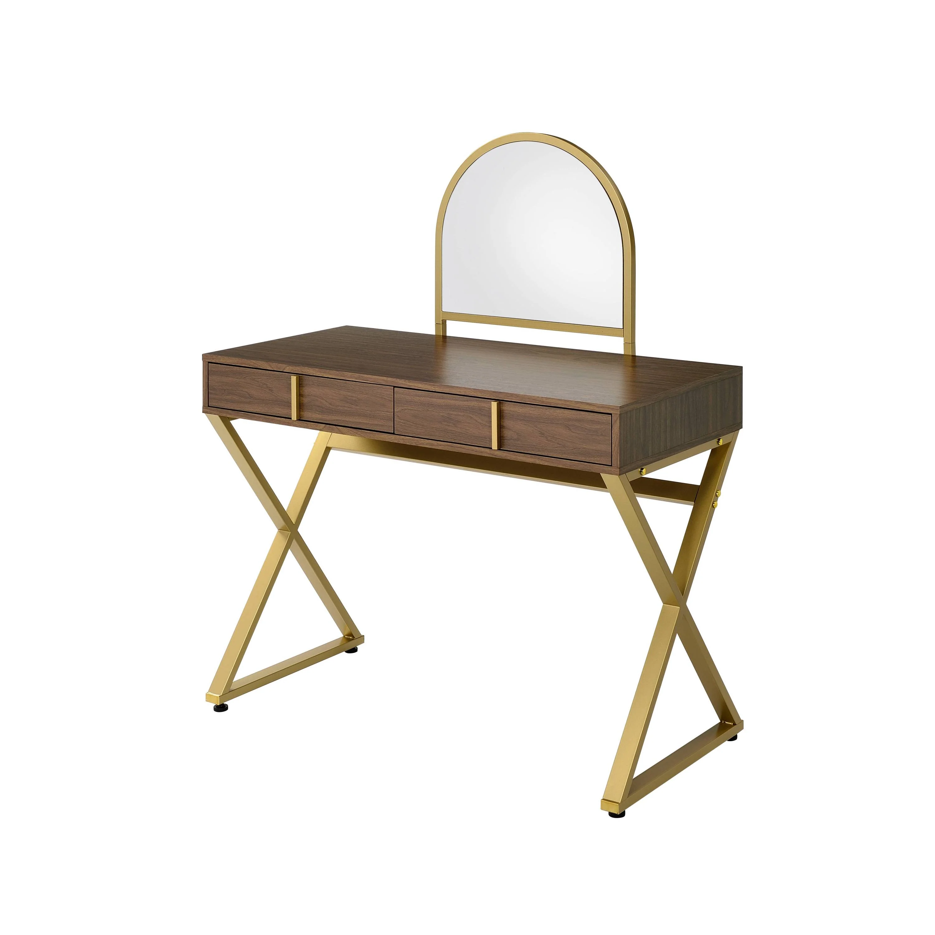 Walker Edison | Modern Walnut and Gold Finish Vanity Desk with Mirror and Jewelry Tray