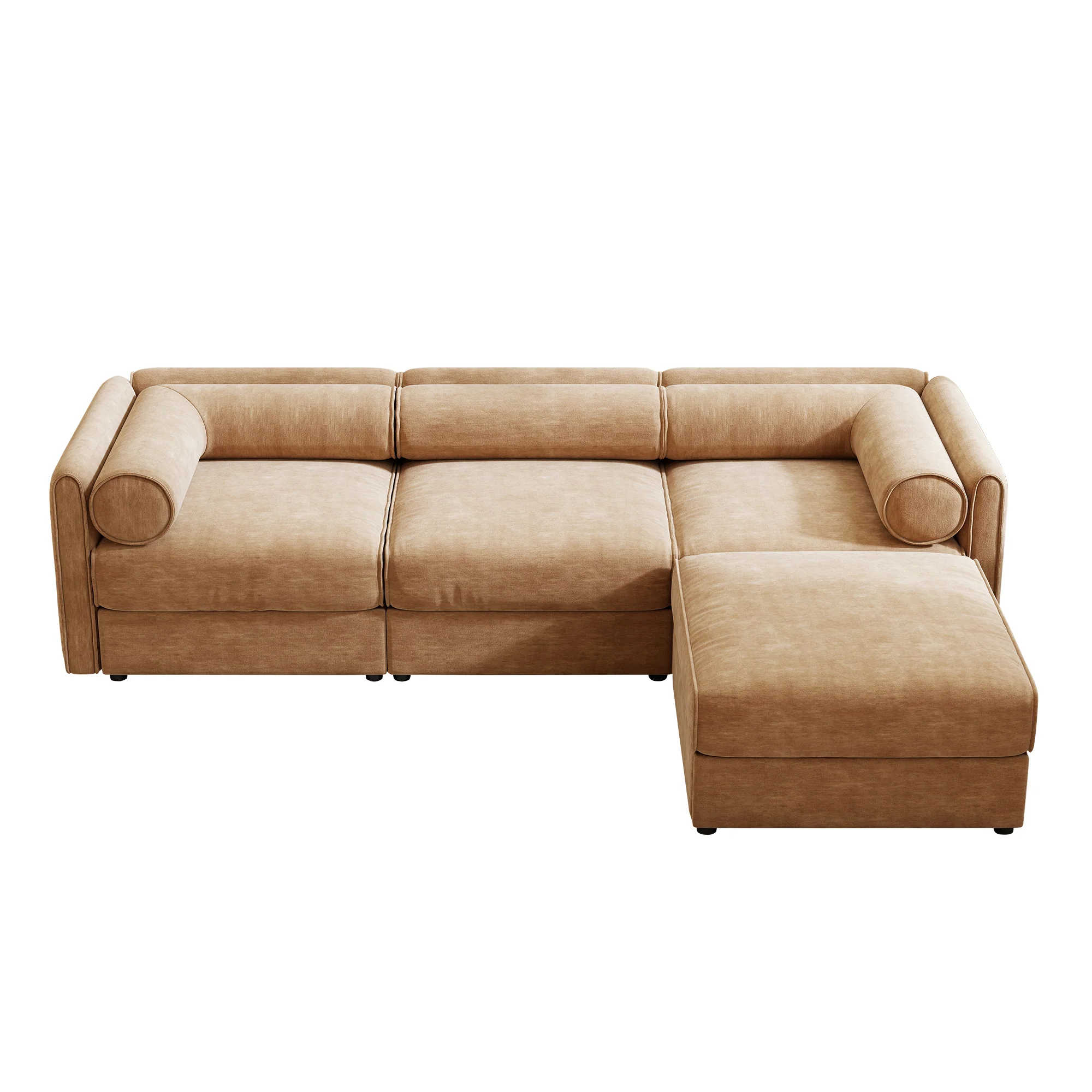 Walker Edison | Elegant Camel Chenille Sofa with Storage Seat and Ottoman