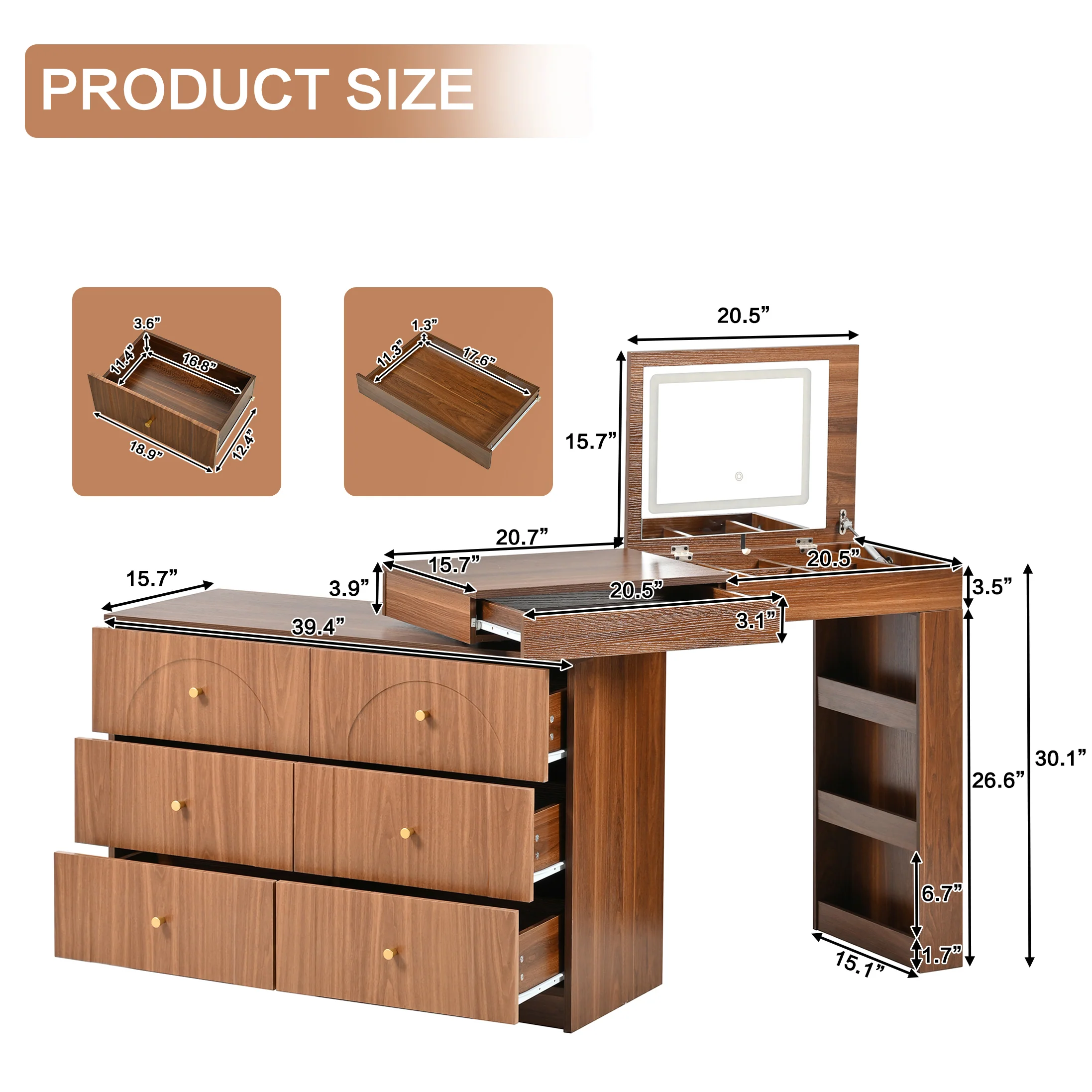 Walker Edison | Multi-Functional Vanity Desk/Dresser Set with Flip-Top Mirror and Lights