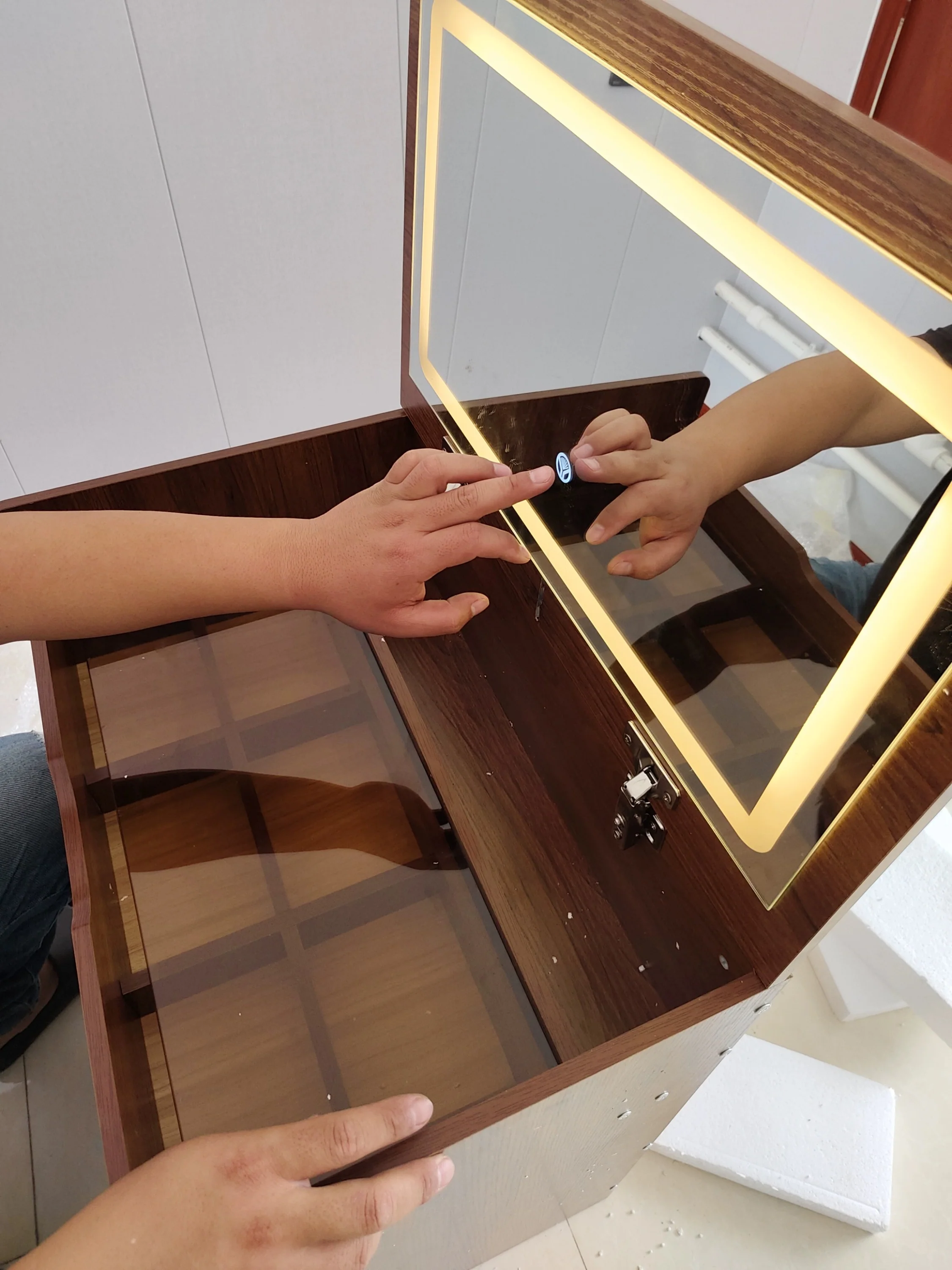 Walker Edison | Walnut 3 in 1 Vanity Desk with Flip Top Mirror & Cushioned Stool