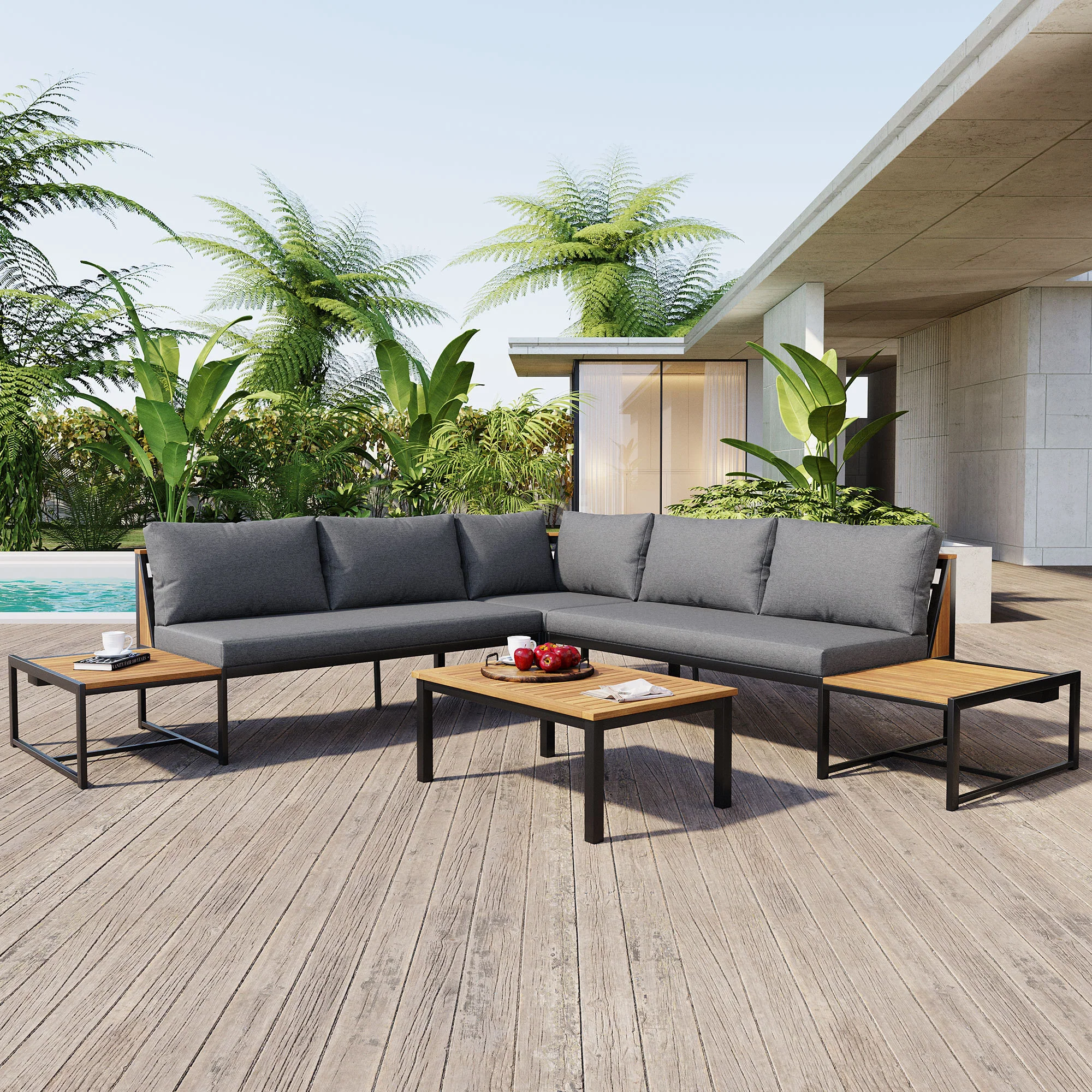 Walker Edison | 4 Pieces Outdoor Patio Sofa Sectional Set with Coffee and Side Tables