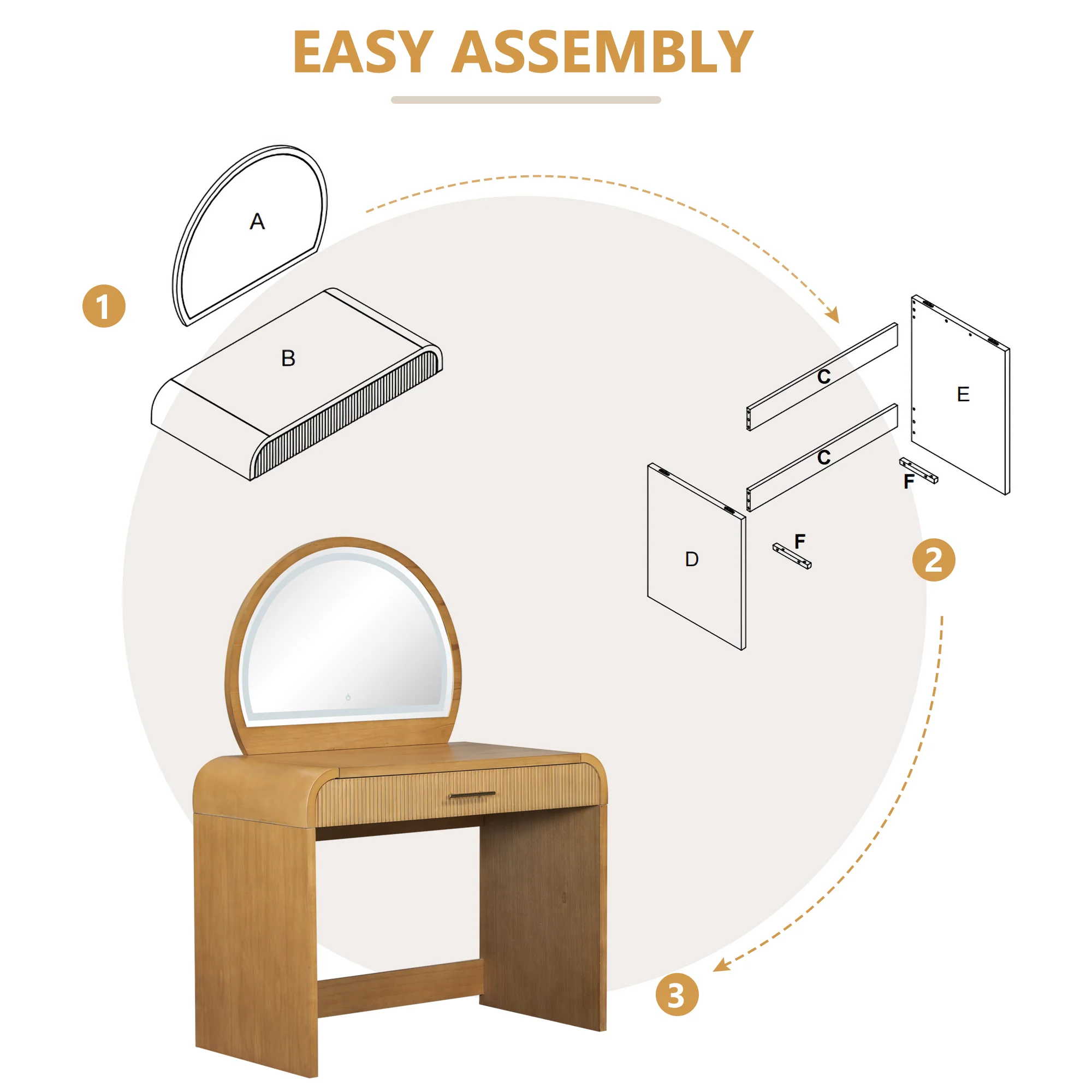 Walker Edison | Natural Reeded Curve Design Makeup Vanity Desk with Mirror