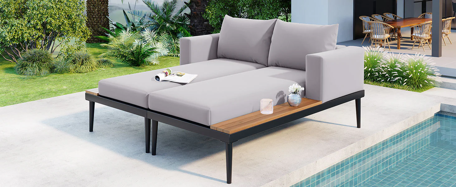Walker Edison | Modern Outdoor Patio Daybed with Wood Topped Side Tables